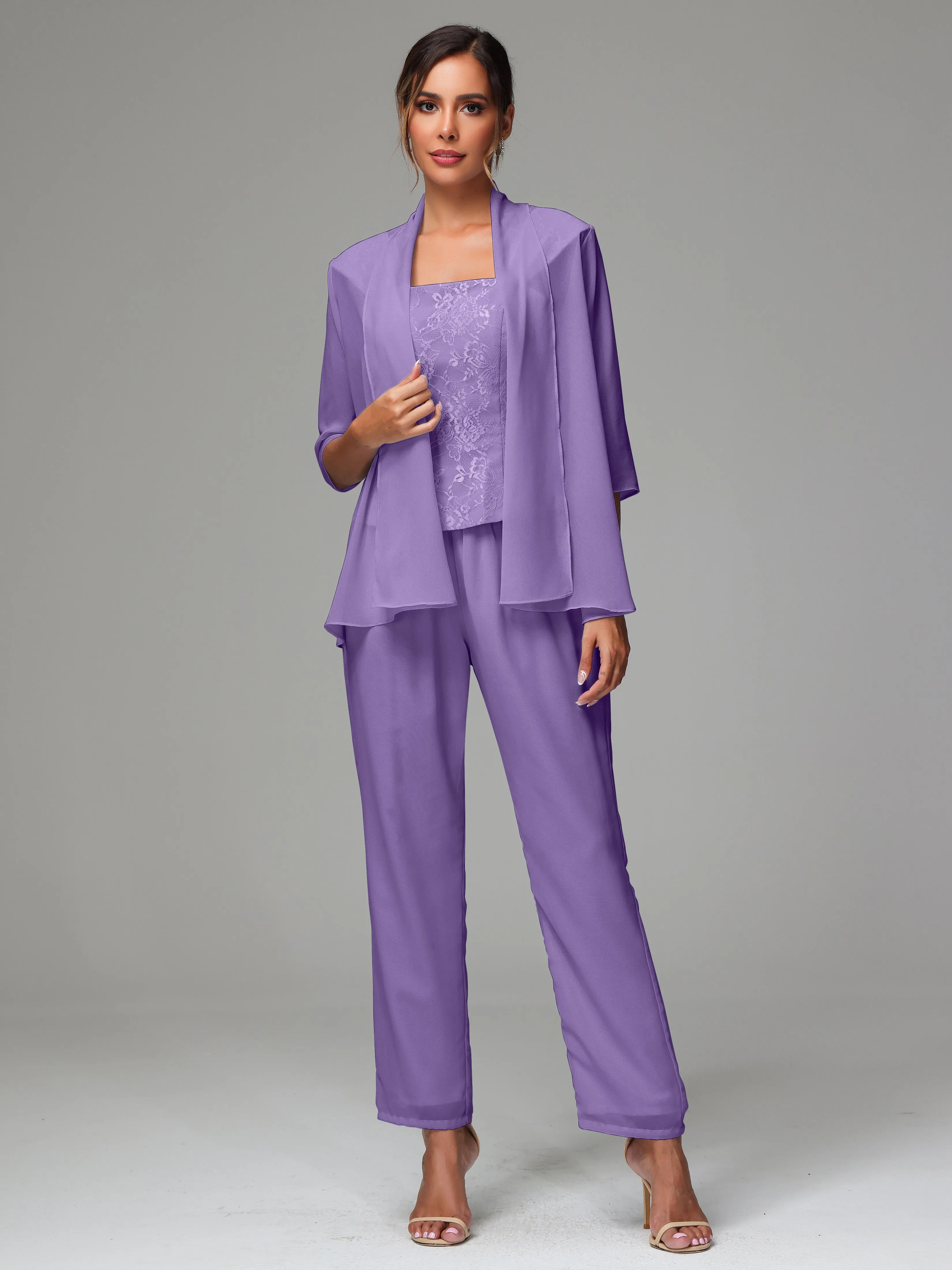 3 Pieces Chiffon Lace Long Sleeves Mother Of The Bride Dress Pants Suits
