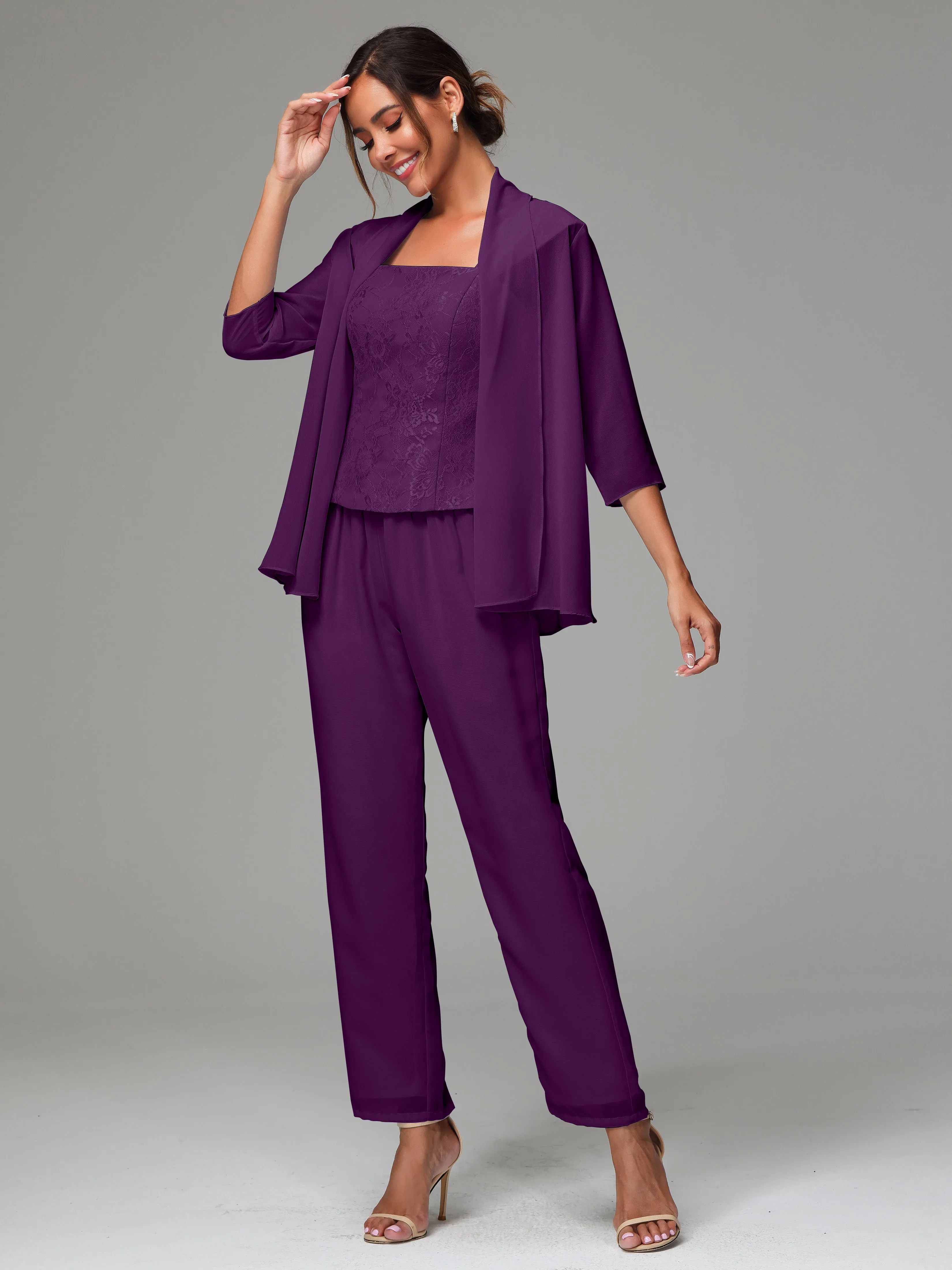 3 Pieces Chiffon Lace Long Sleeves Mother Of The Bride Dress Pants Suits