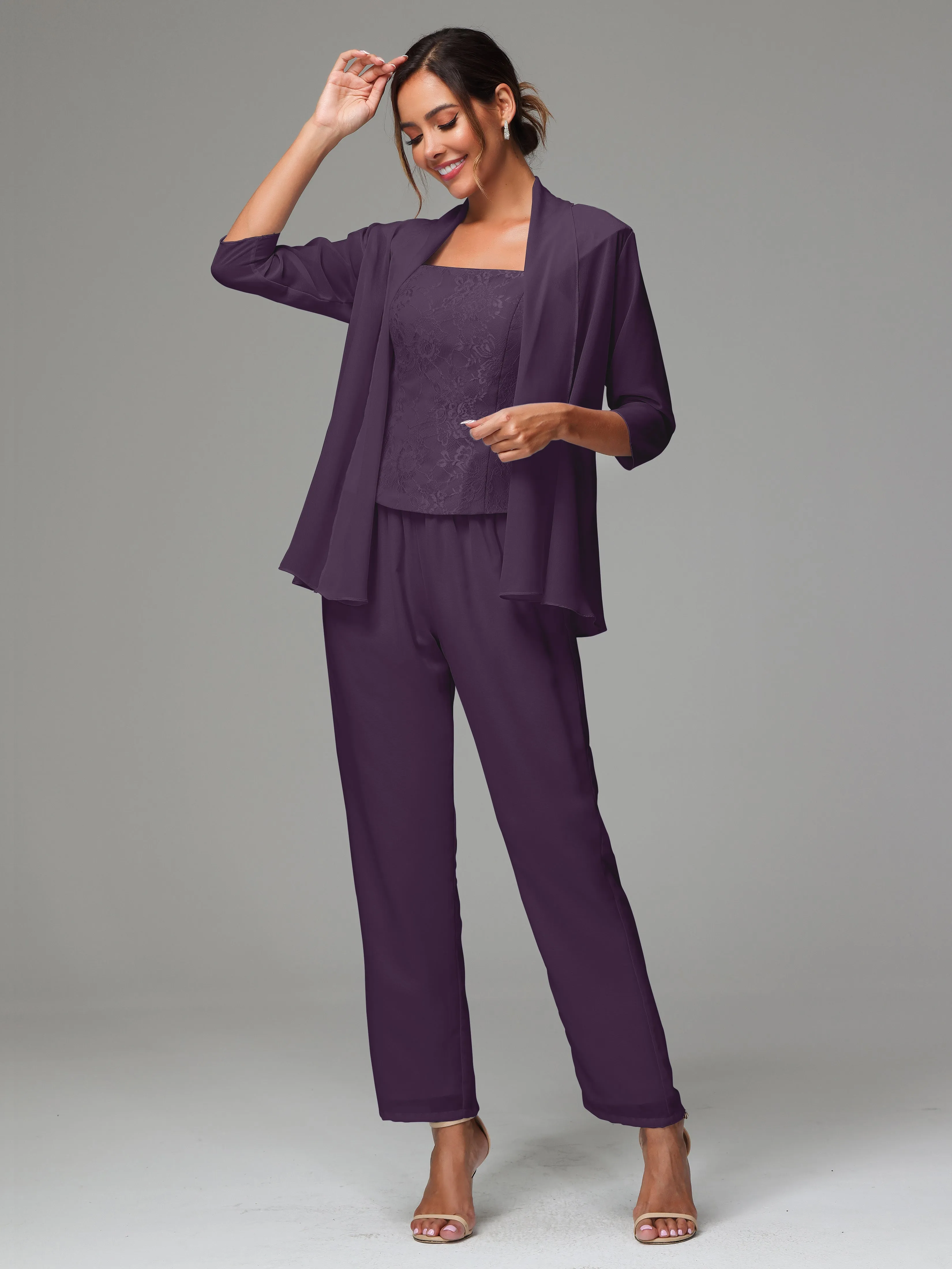 3 Pieces Chiffon Lace Long Sleeves Mother Of The Bride Dress Pants Suits