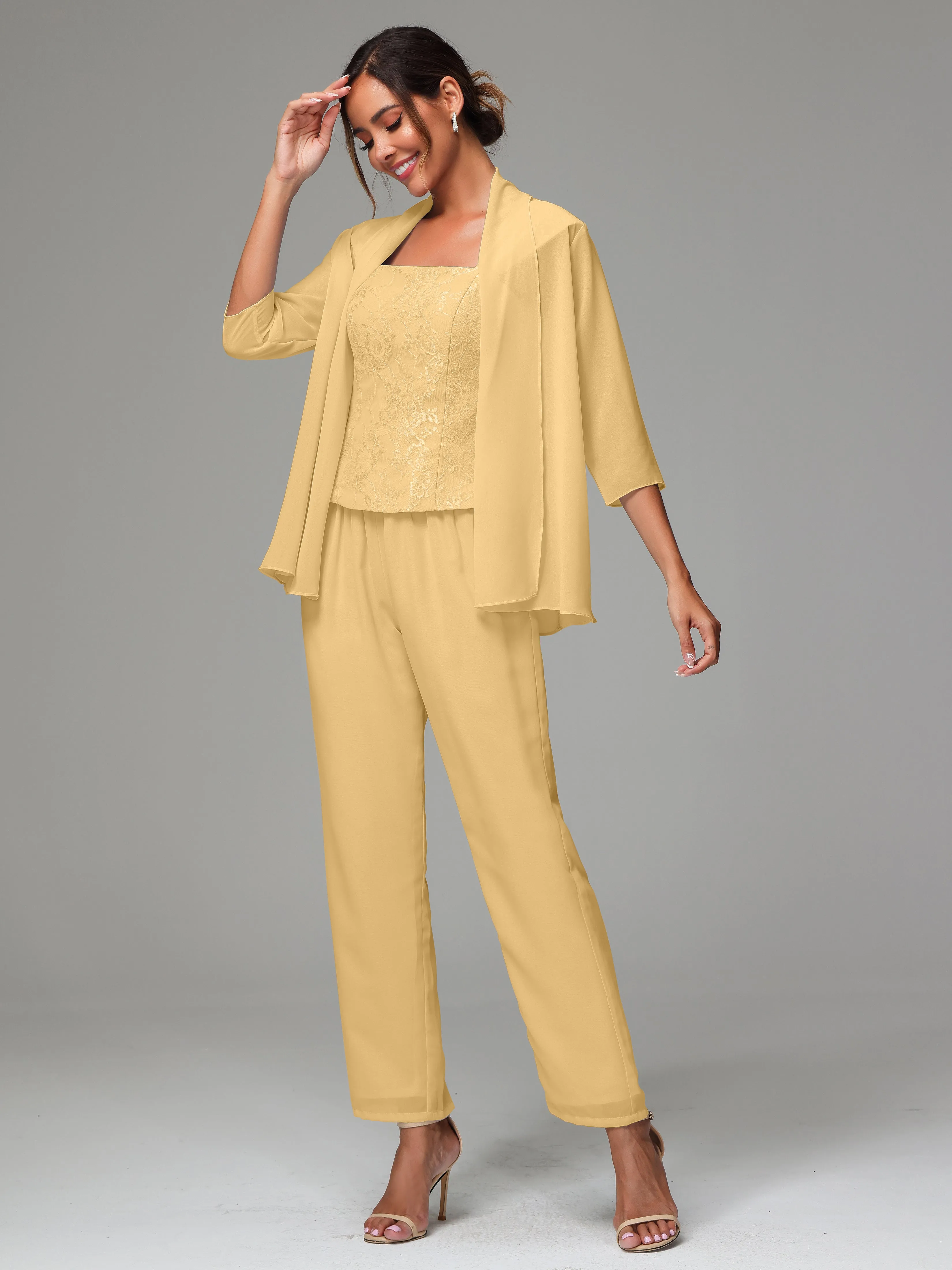 3 Pieces Chiffon Lace Long Sleeves Mother Of The Bride Dress Pants Suits