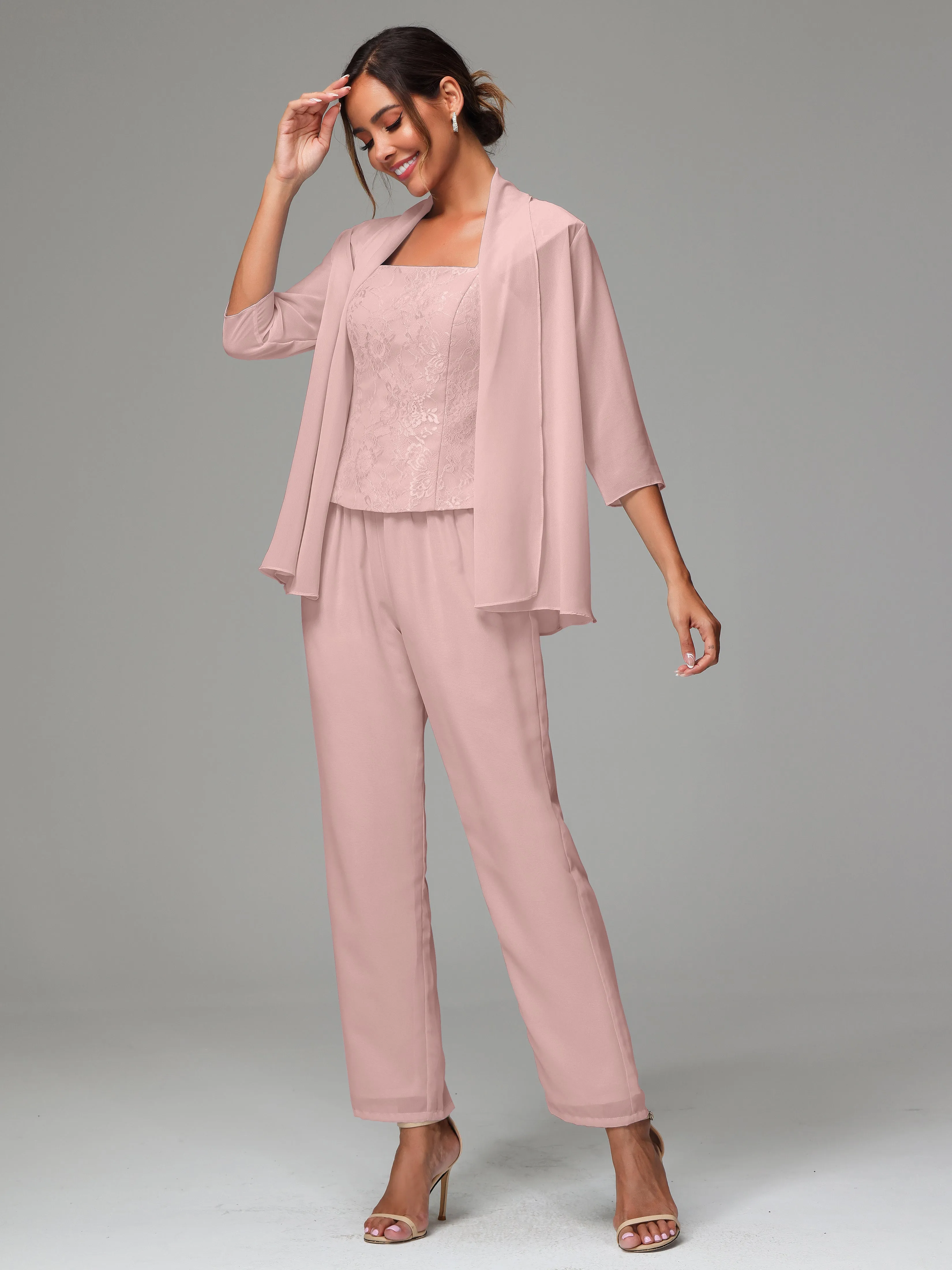 3 Pieces Chiffon Lace Long Sleeves Mother Of The Bride Dress Pants Suits