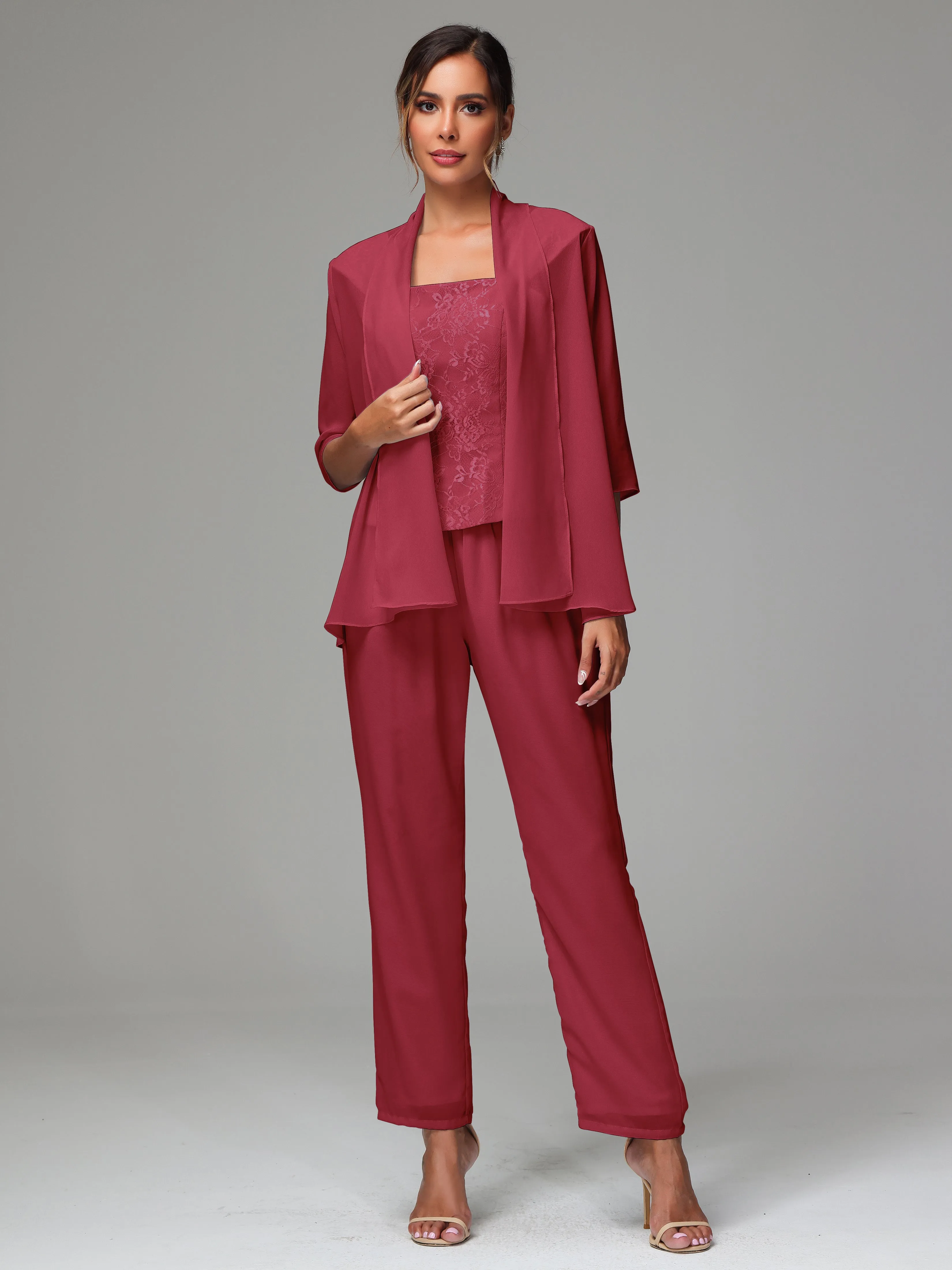 3 Pieces Chiffon Lace Long Sleeves Mother Of The Bride Dress Pants Suits