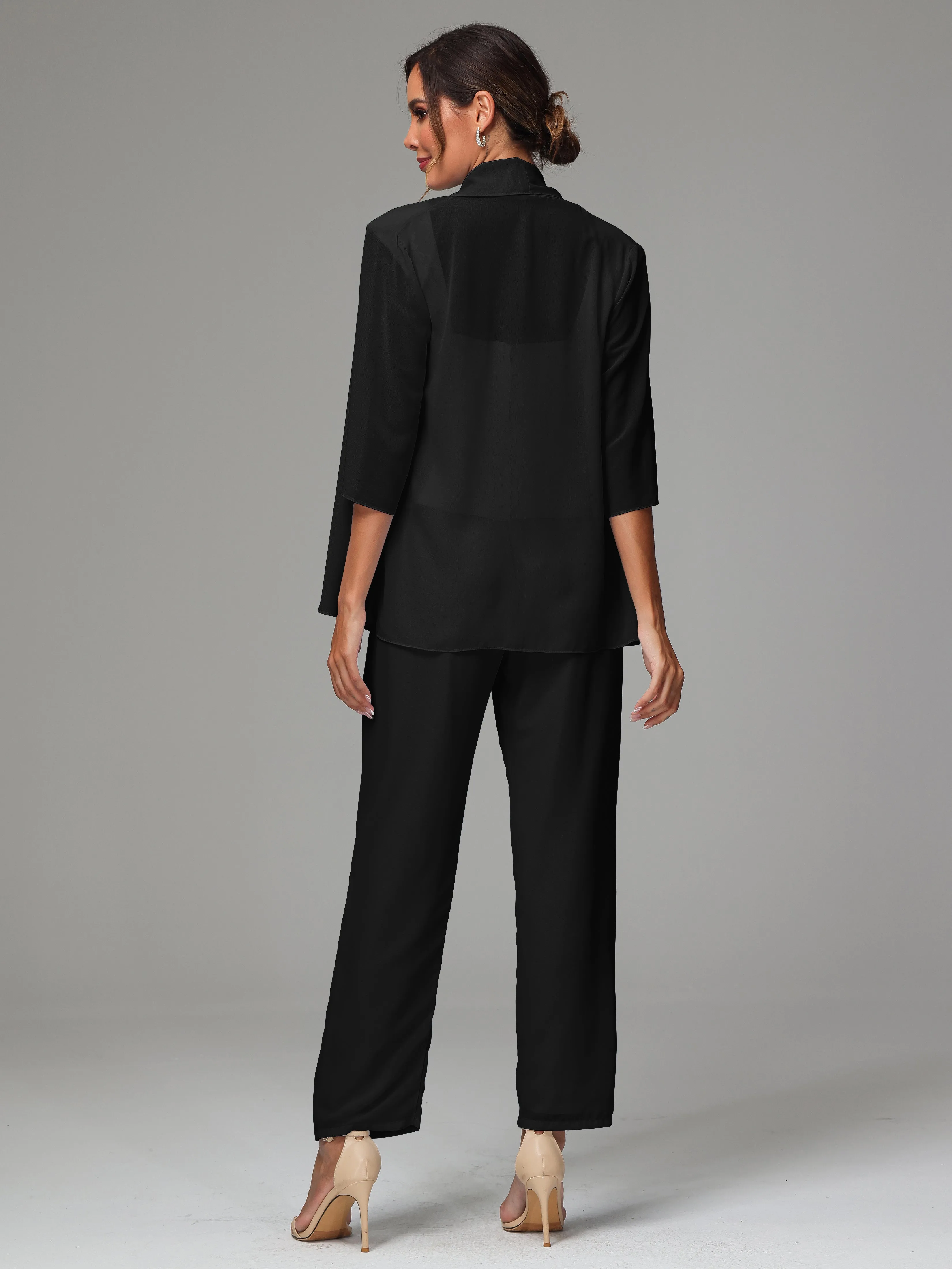 3 Pieces Chiffon Lace Long Sleeves Mother Of The Bride Dress Pants Suits