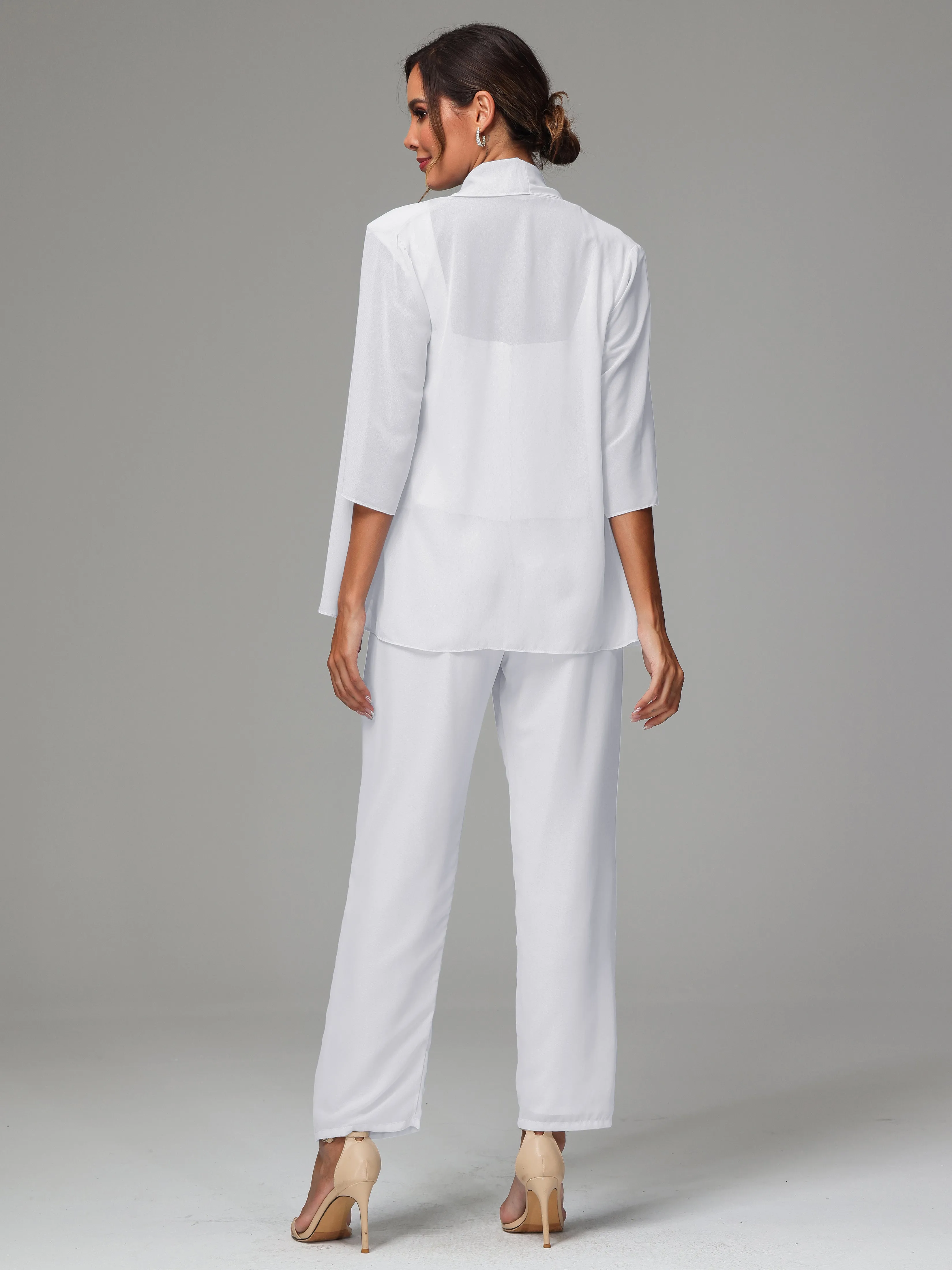 3 Pieces Chiffon Lace Long Sleeves Mother Of The Bride Dress Pants Suits