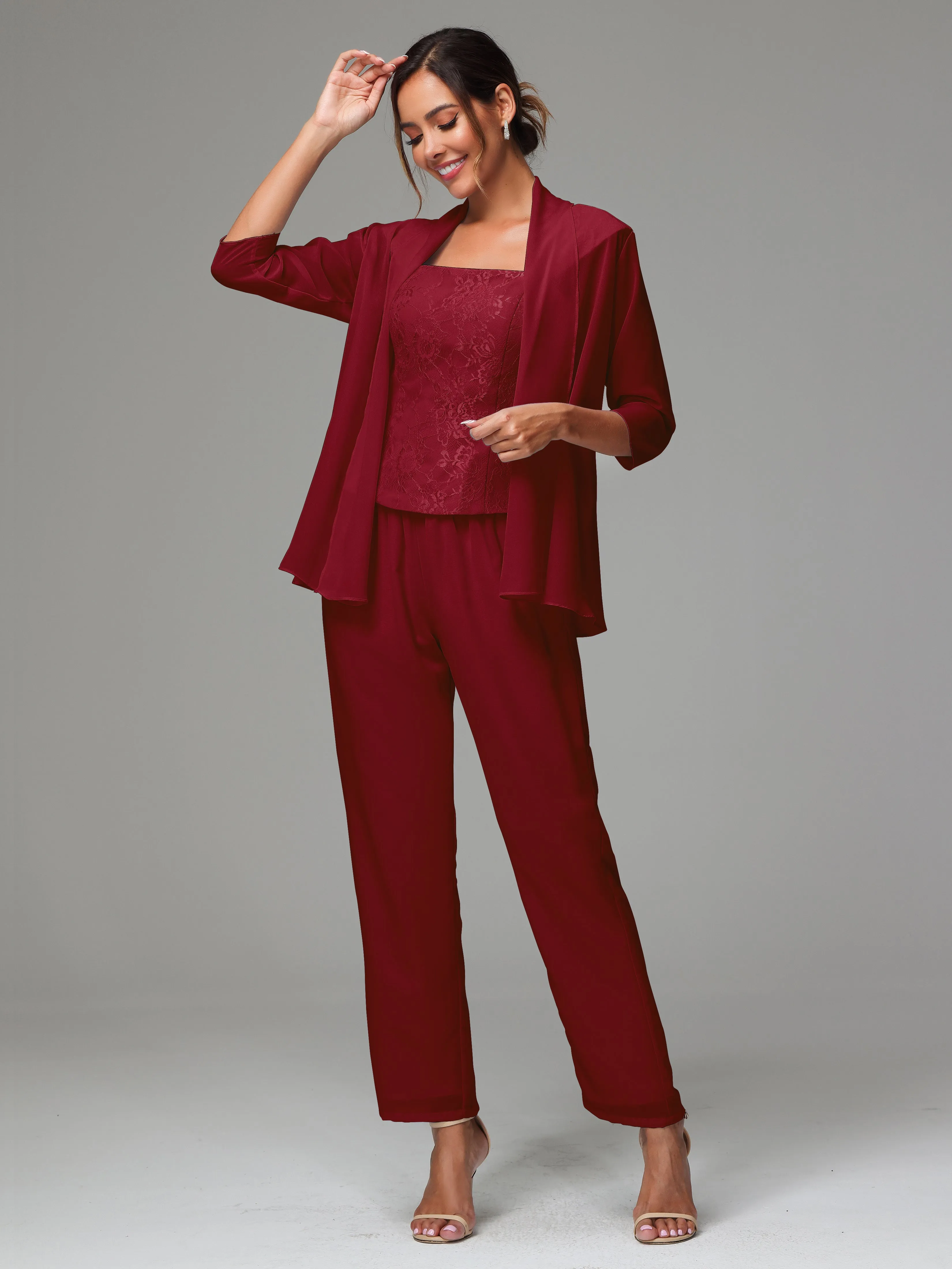 3 Pieces Chiffon Lace Long Sleeves Mother Of The Bride Dress Pants Suits