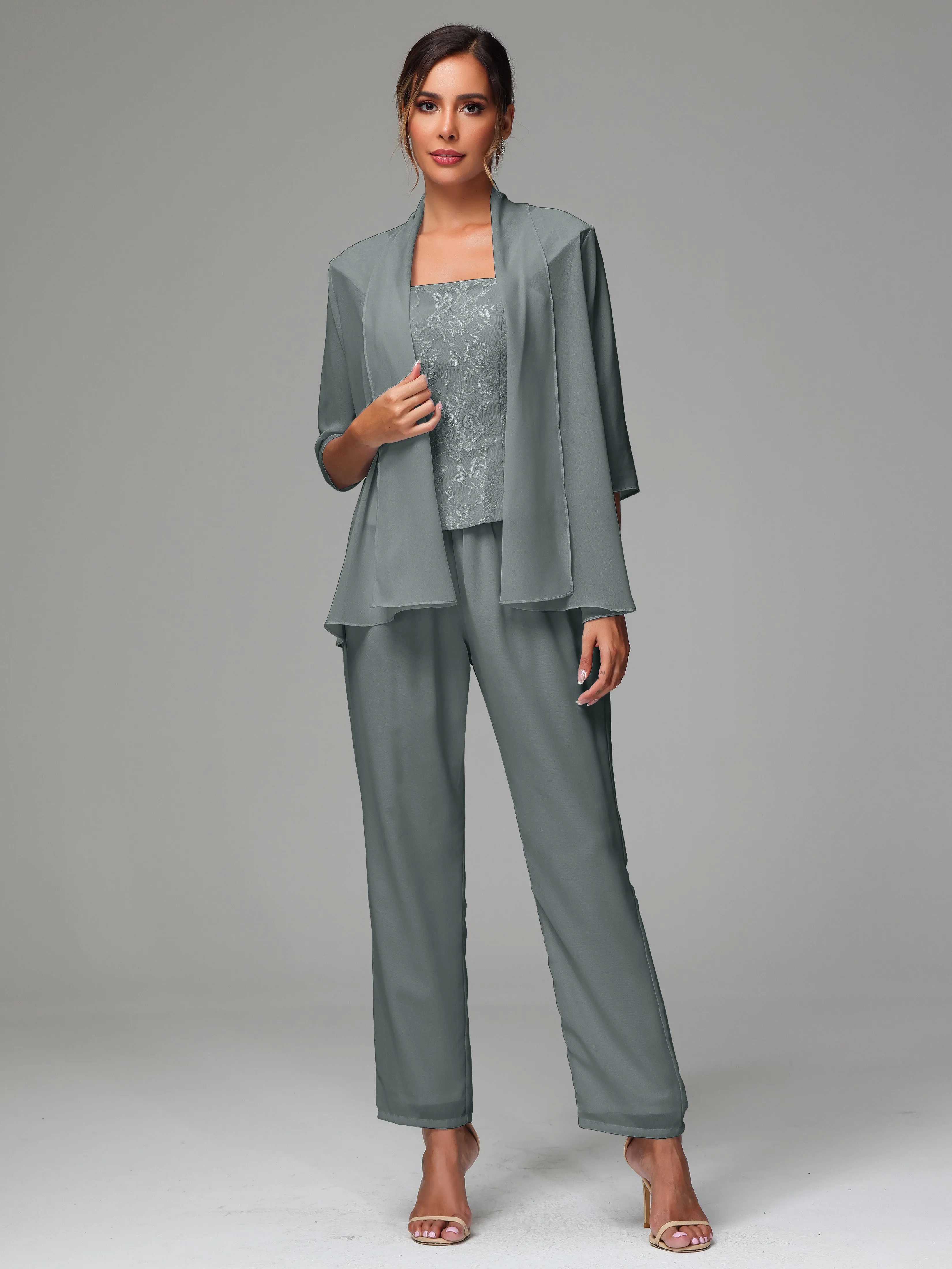 3 Pieces Chiffon Lace Long Sleeves Mother Of The Bride Dress Pants Suits