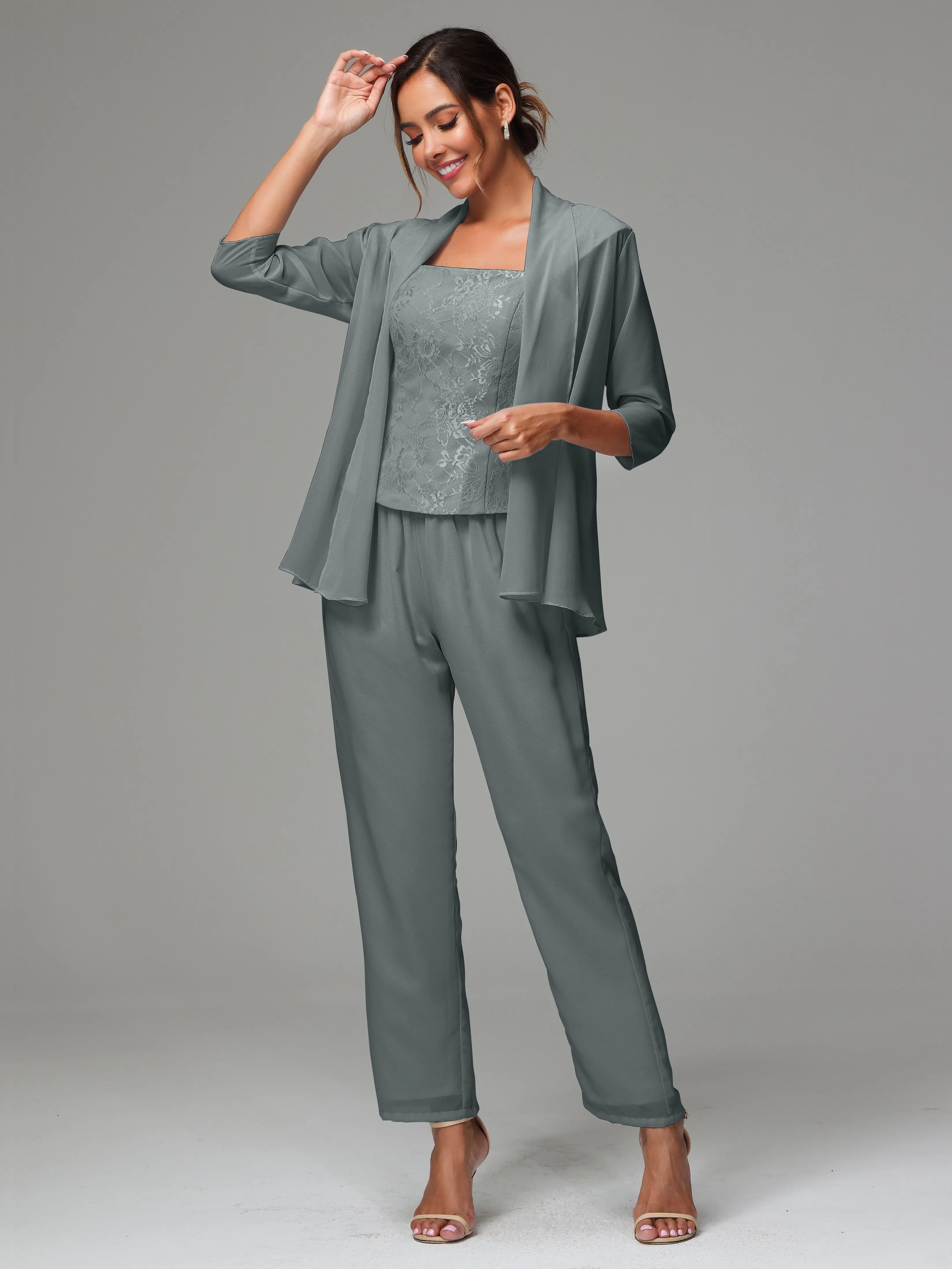 3 Pieces Chiffon Lace Long Sleeves Mother Of The Bride Dress Pants Suits
