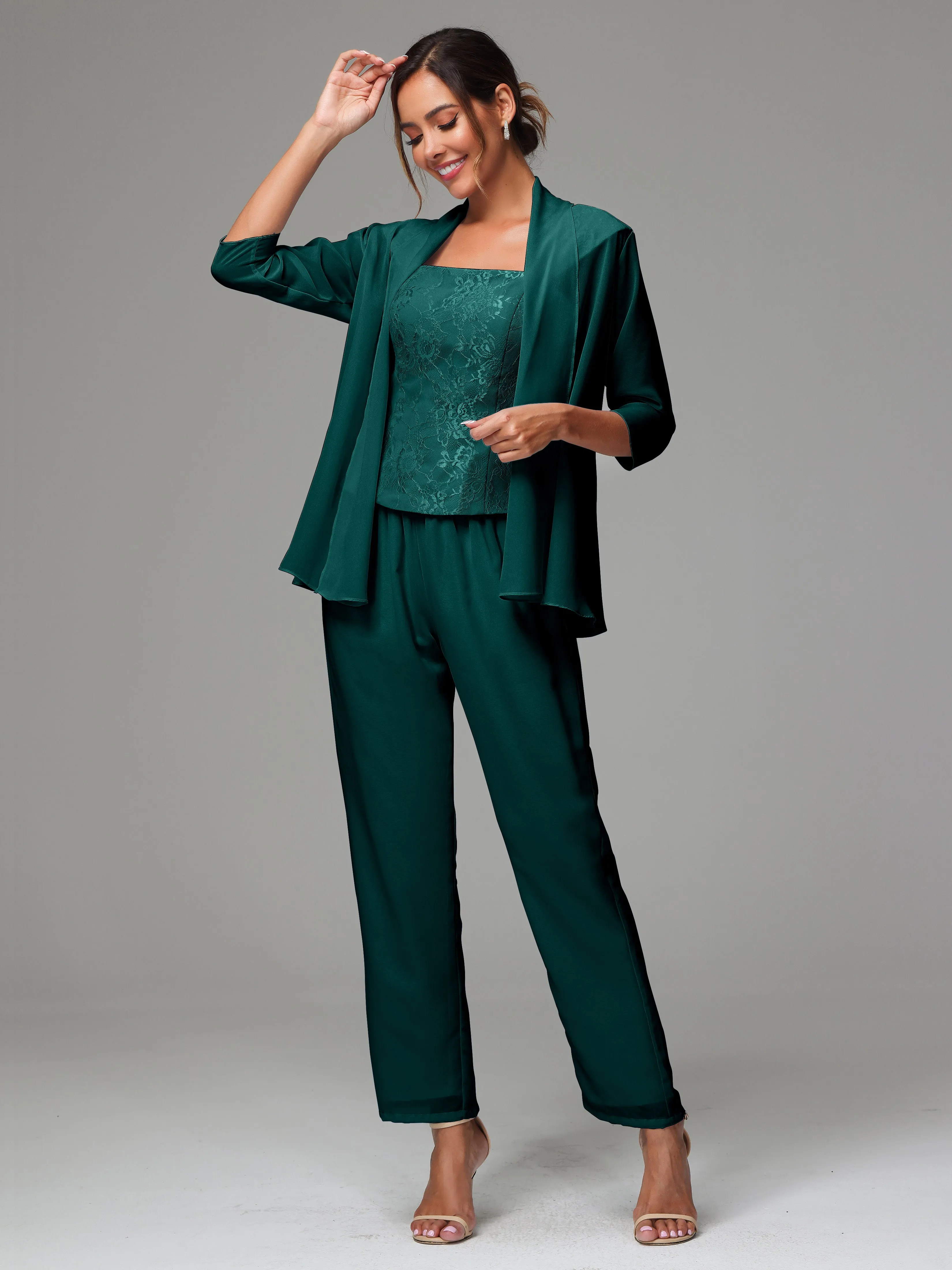 3 Pieces Chiffon Lace Long Sleeves Mother Of The Bride Dress Pants Suits