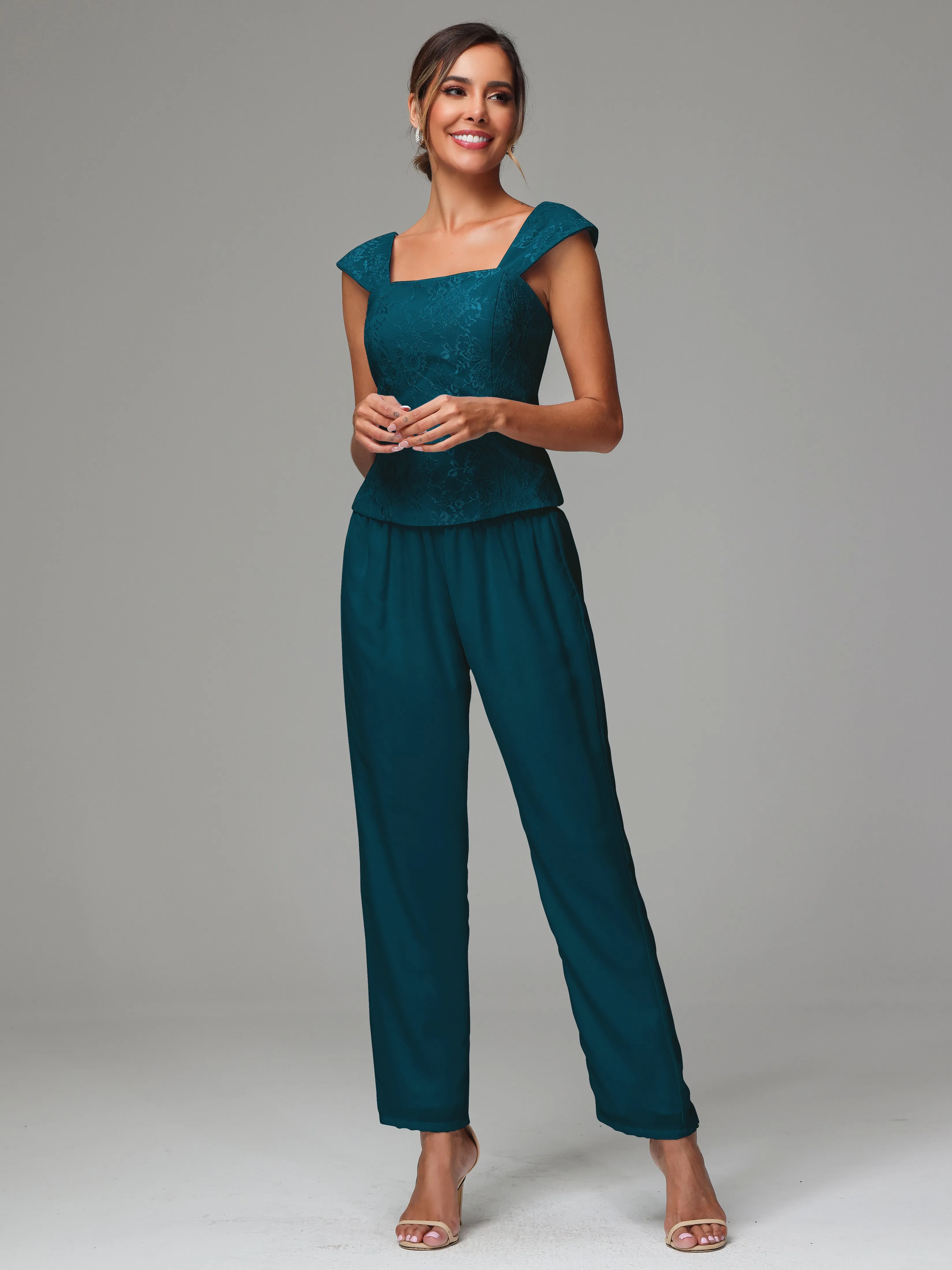 3 Pieces Chiffon Lace Long Sleeves Mother Of The Bride Dress Pants Suits