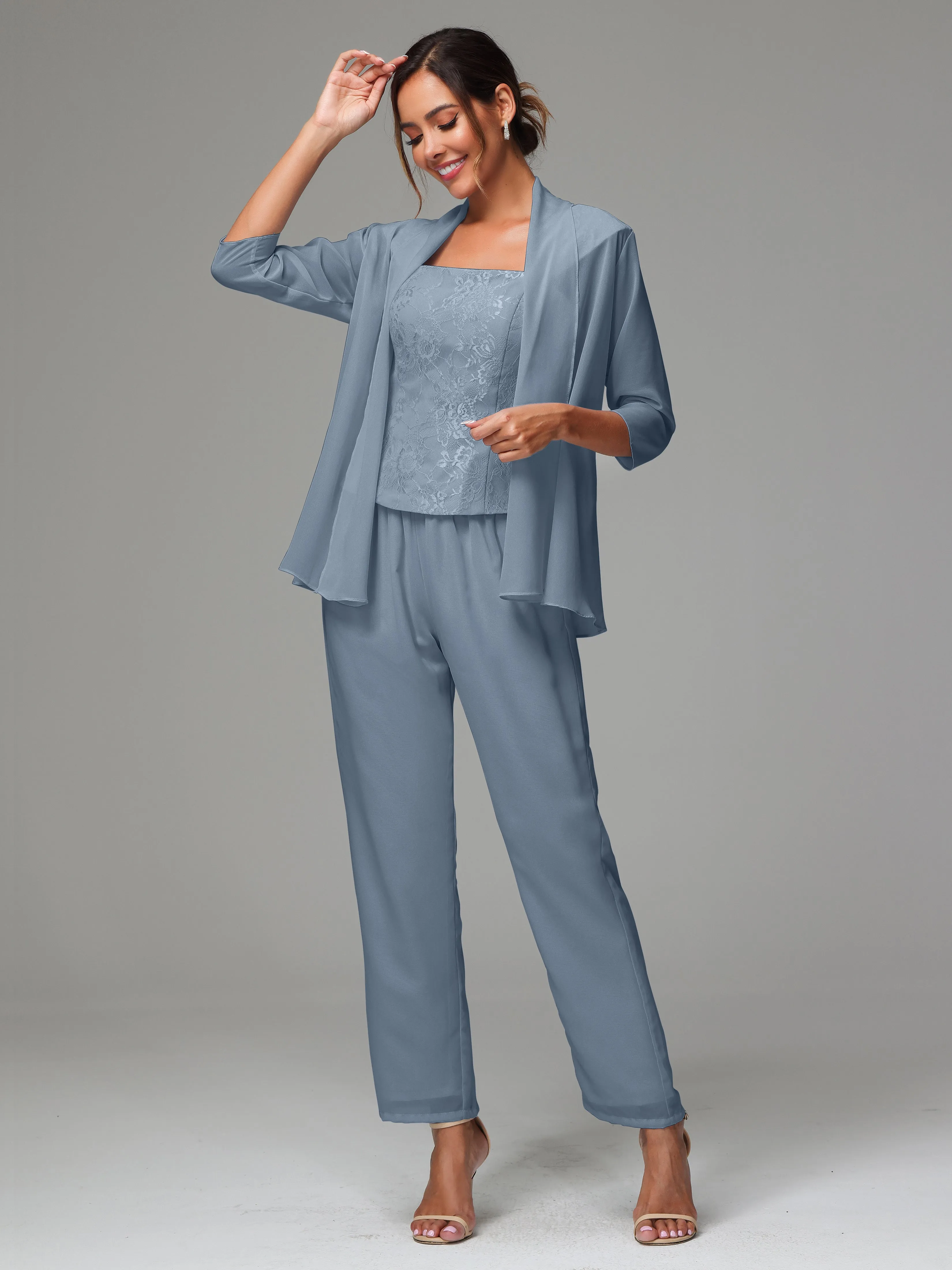 3 Pieces Chiffon Lace Long Sleeves Mother Of The Bride Dress Pants Suits