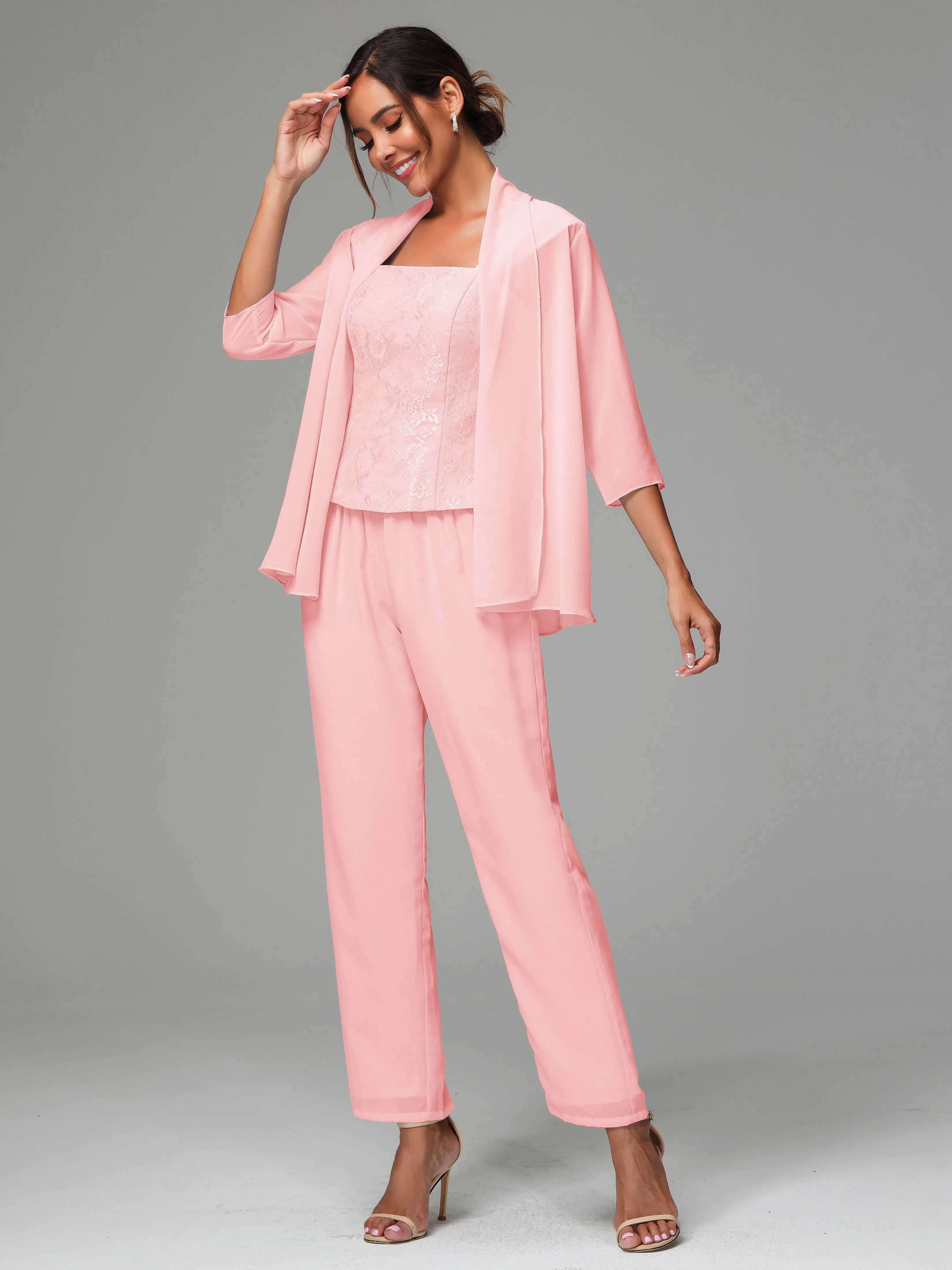 3 Pieces Chiffon Lace Long Sleeves Mother Of The Bride Dress Pants Suits