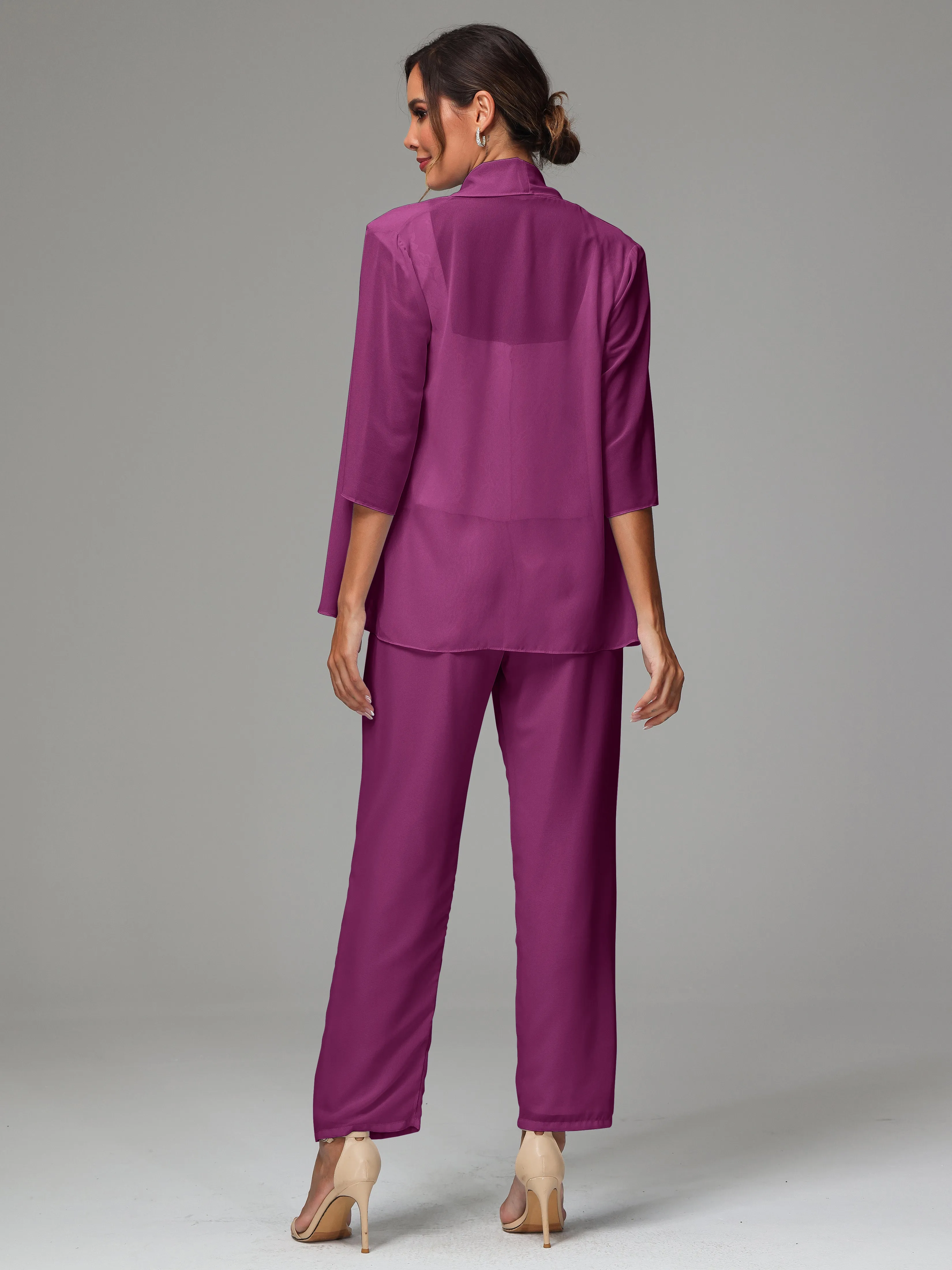 3 Pieces Chiffon Lace Long Sleeves Mother Of The Bride Dress Pants Suits