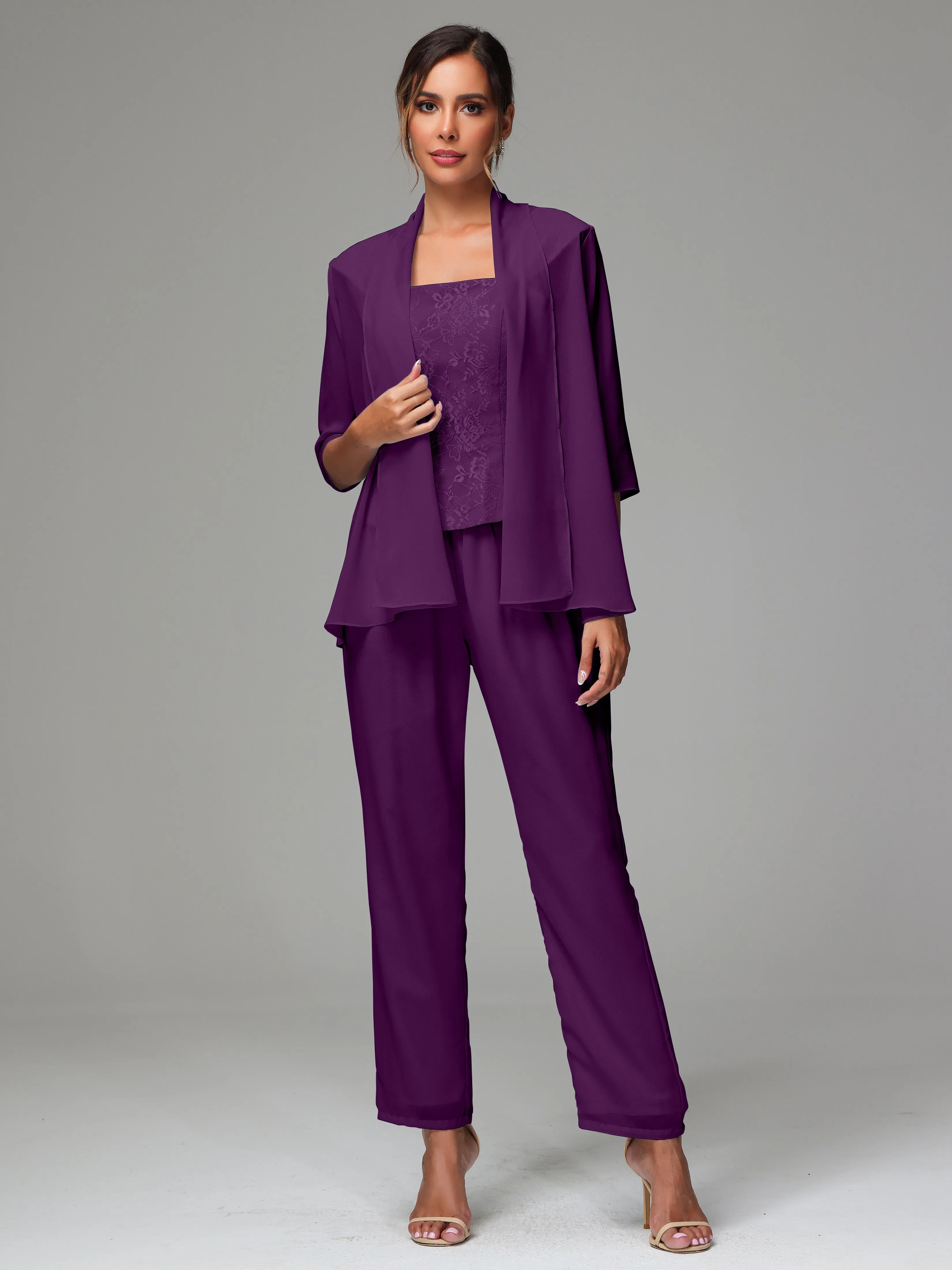 3 Pieces Chiffon Lace Long Sleeves Mother Of The Bride Dress Pants Suits