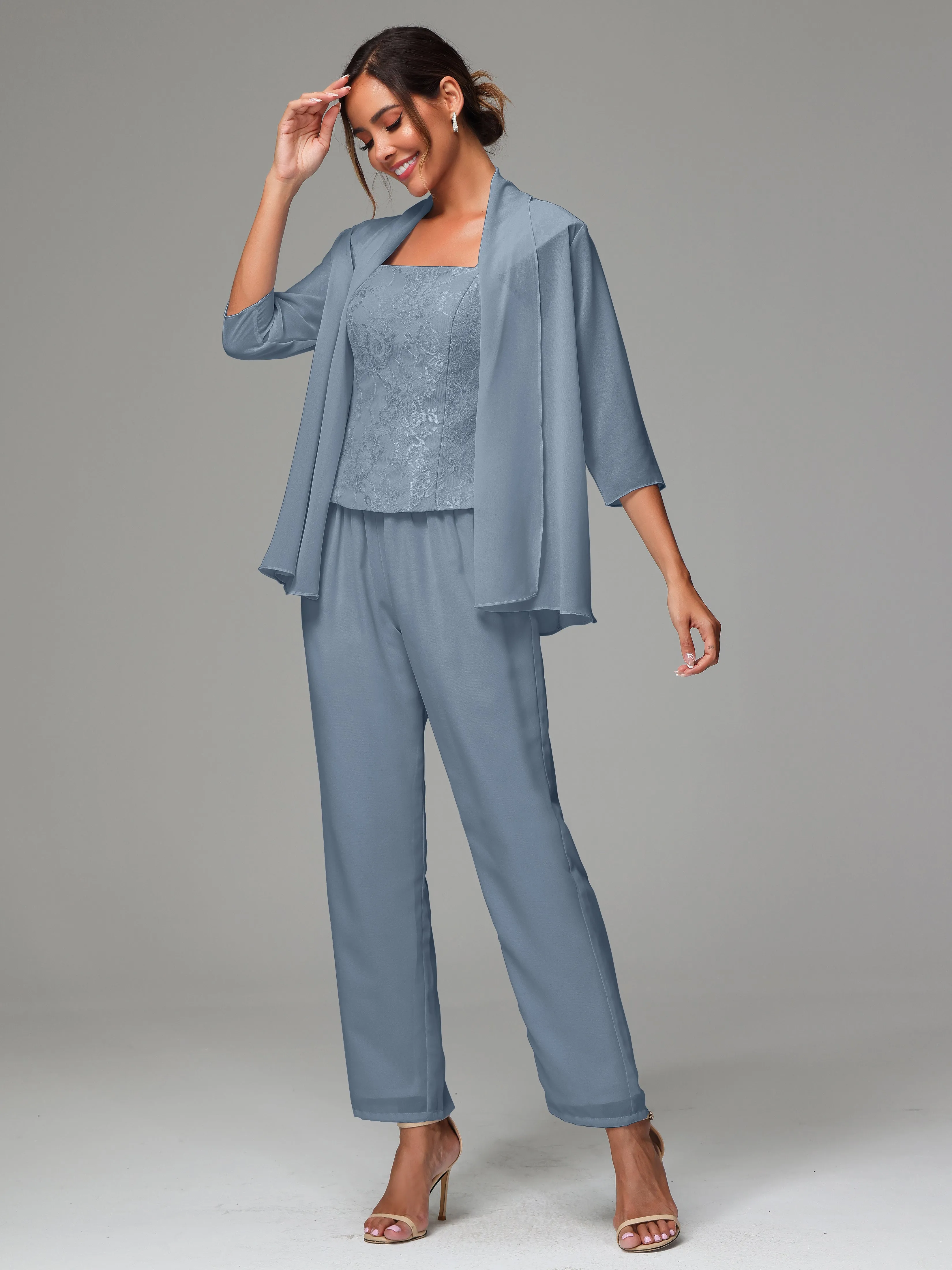 3 Pieces Chiffon Lace Long Sleeves Mother Of The Bride Dress Pants Suits
