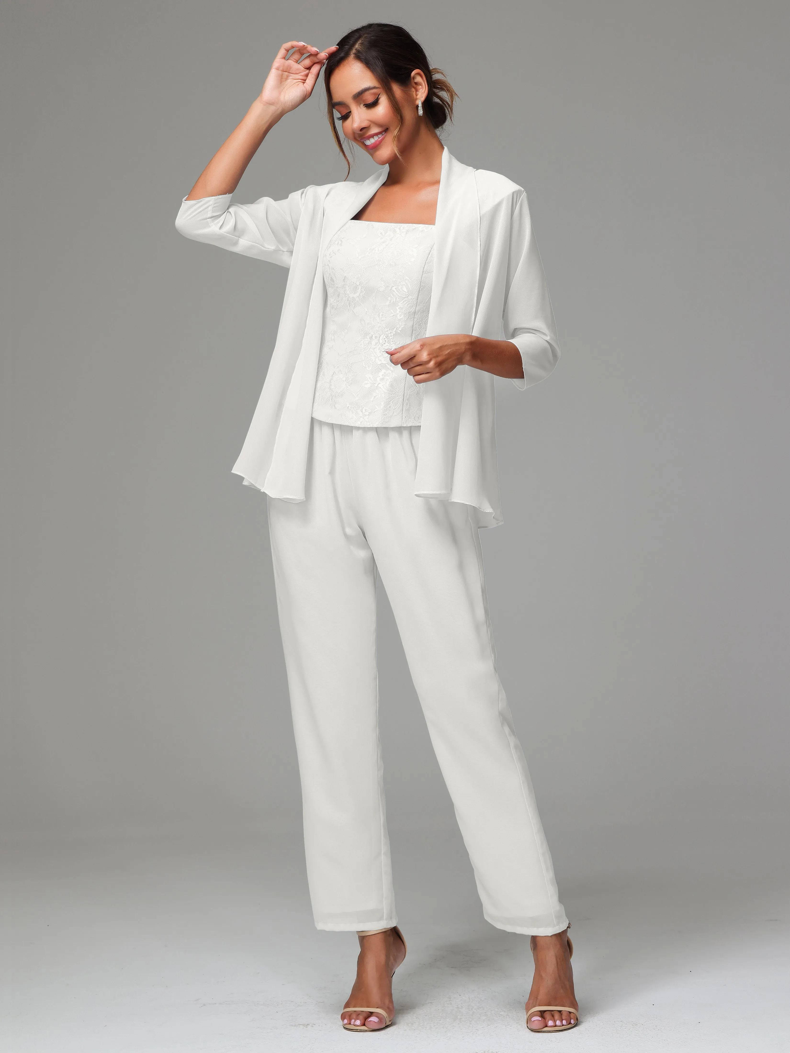 3 Pieces Chiffon Lace Long Sleeves Mother Of The Bride Dress Pants Suits