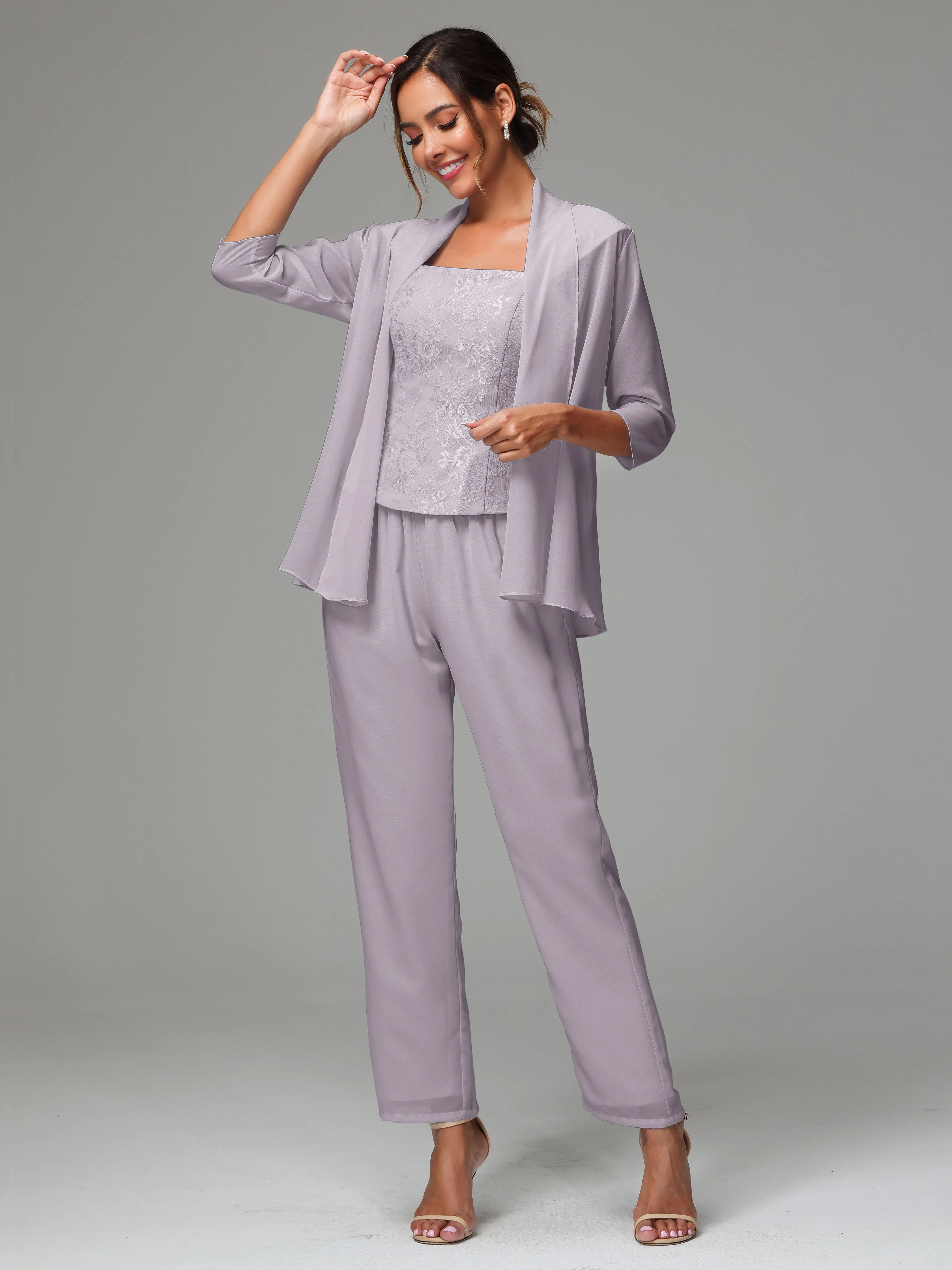 3 Pieces Chiffon Lace Long Sleeves Mother Of The Bride Dress Pants Suits
