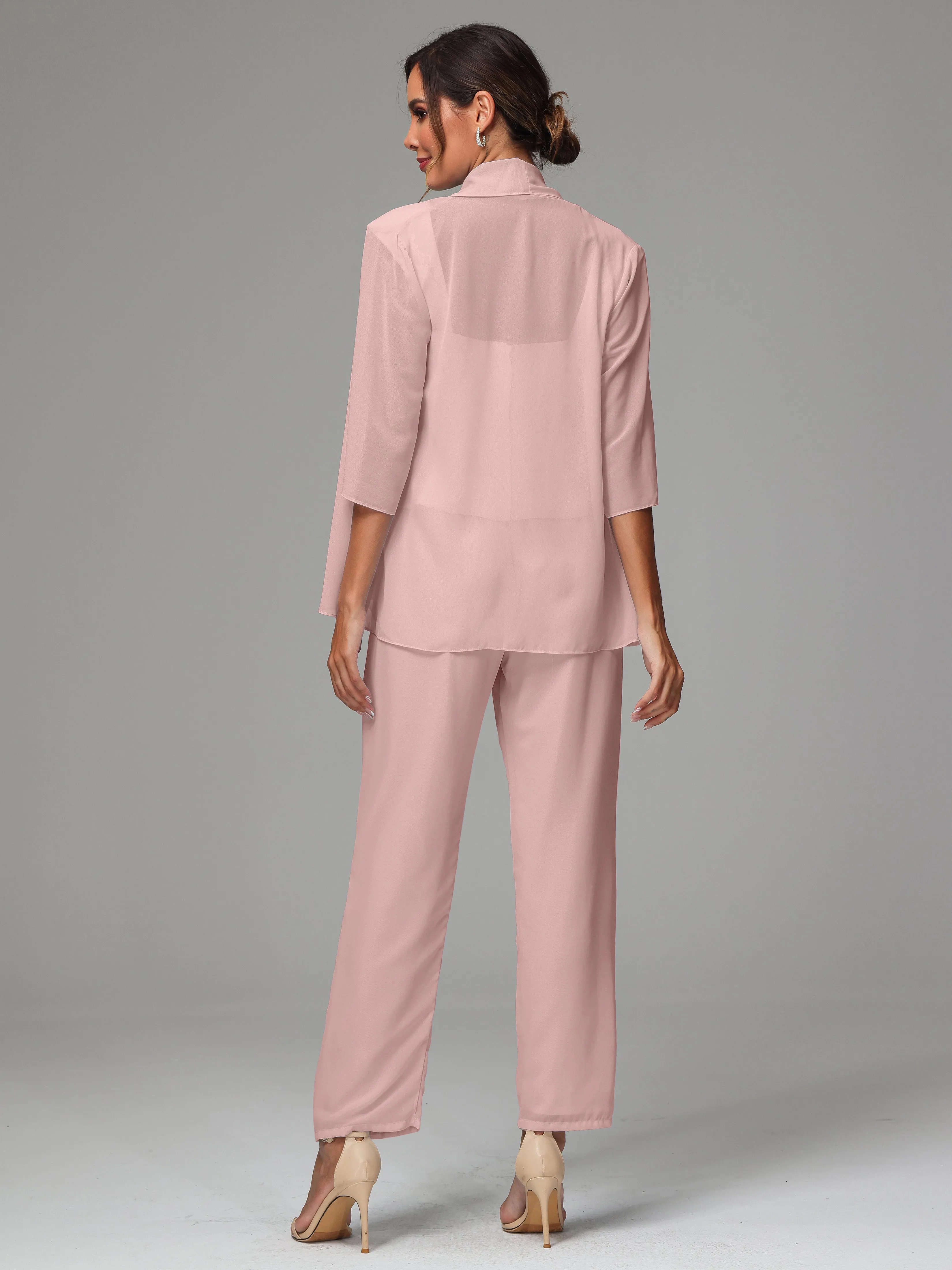 3 Pieces Chiffon Lace Long Sleeves Mother Of The Bride Dress Pants Suits