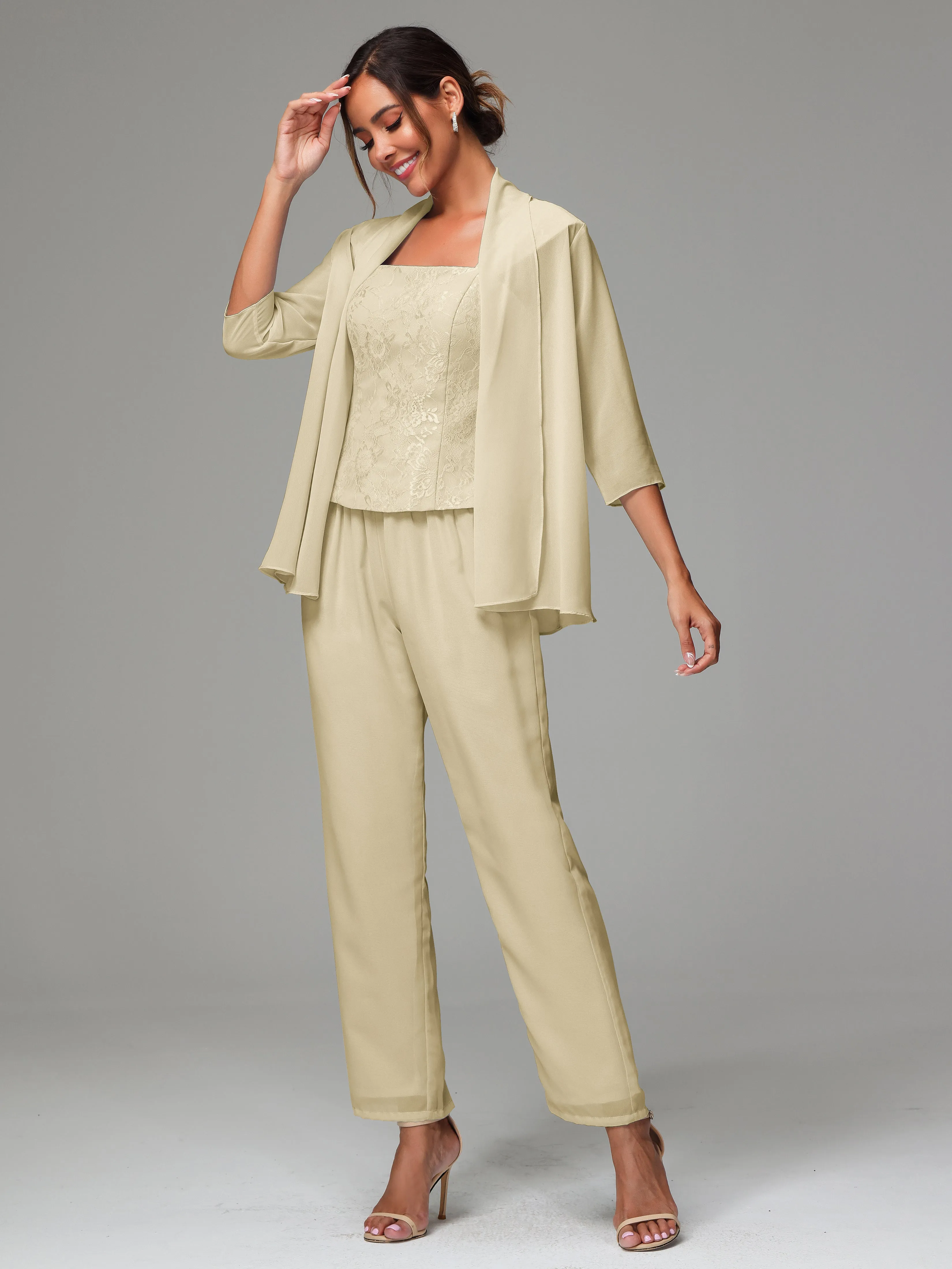 3 Pieces Chiffon Lace Long Sleeves Mother Of The Bride Dress Pants Suits