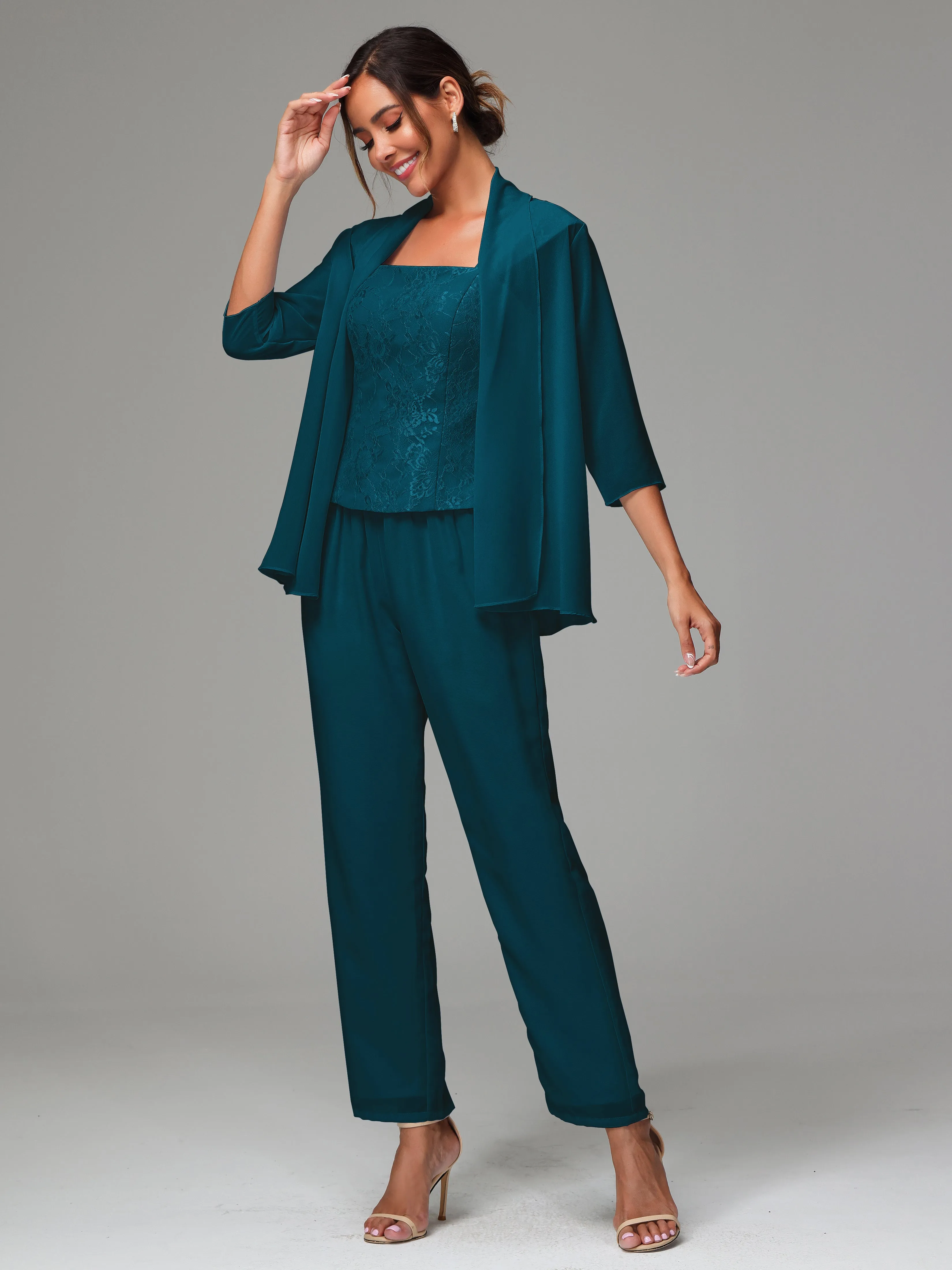 3 Pieces Chiffon Lace Long Sleeves Mother Of The Bride Dress Pants Suits