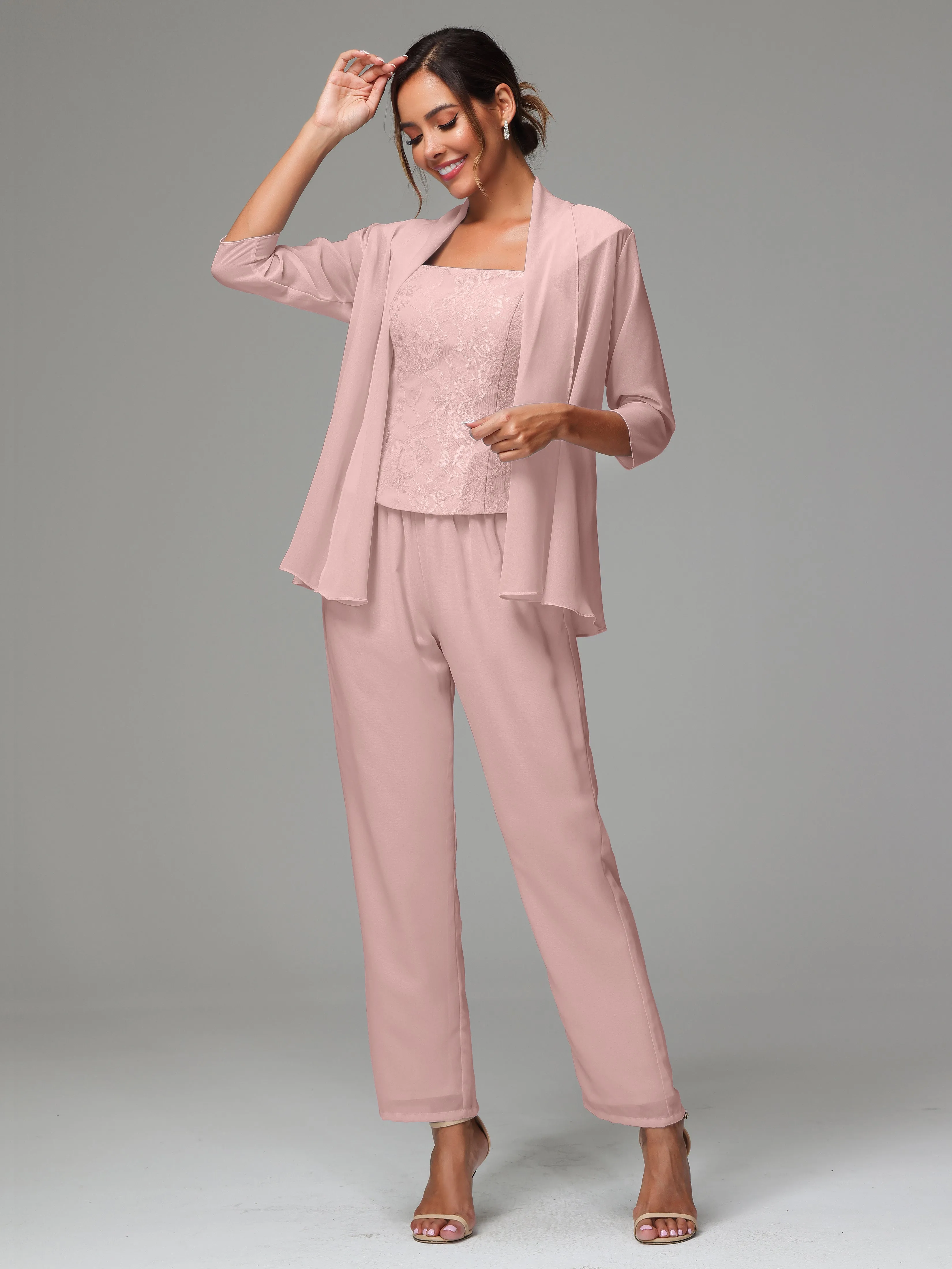 3 Pieces Chiffon Lace Long Sleeves Mother Of The Bride Dress Pants Suits