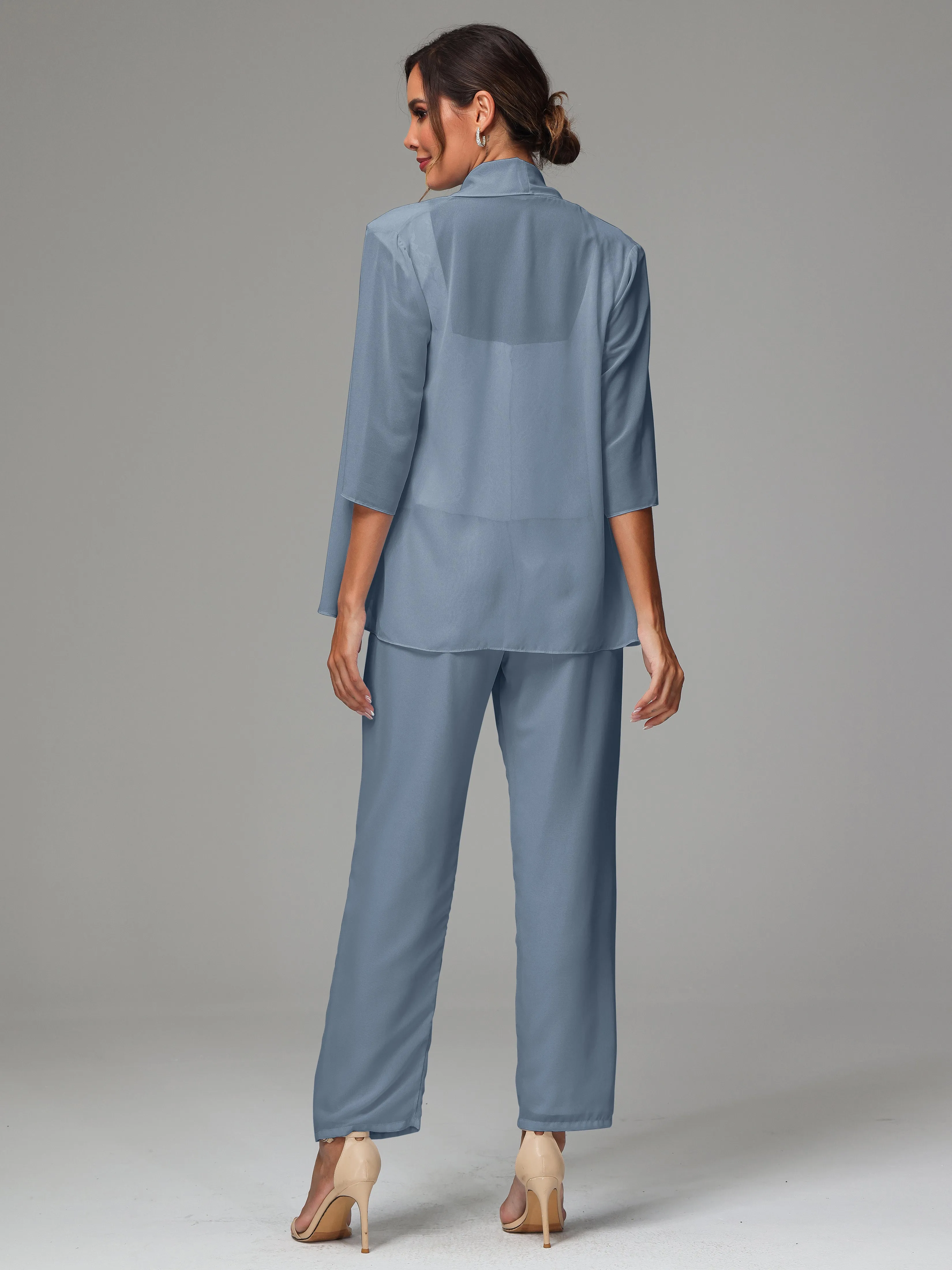 3 Pieces Chiffon Lace Long Sleeves Mother Of The Bride Dress Pants Suits