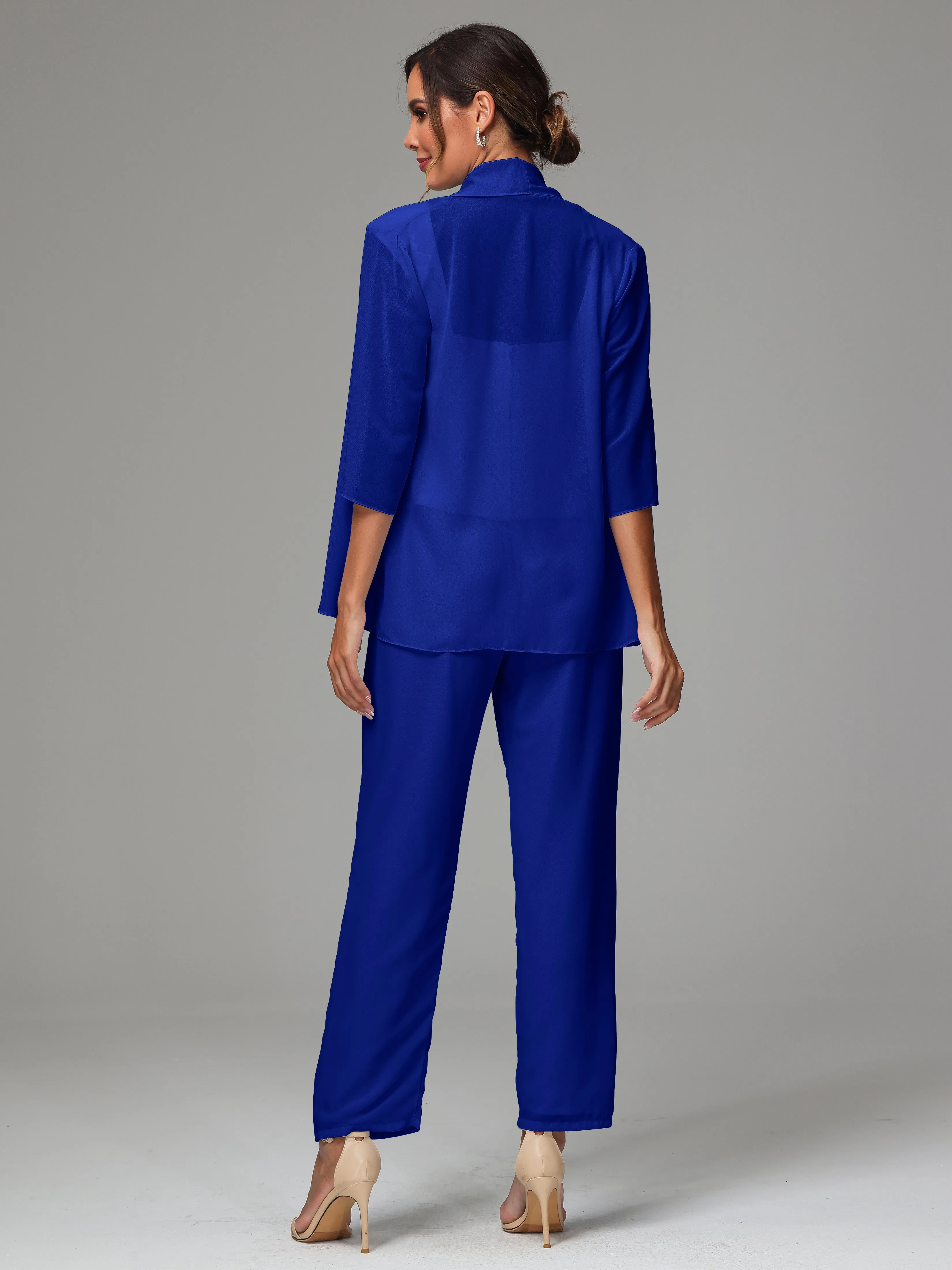 3 Pieces Chiffon Lace Long Sleeves Mother Of The Bride Dress Pants Suits
