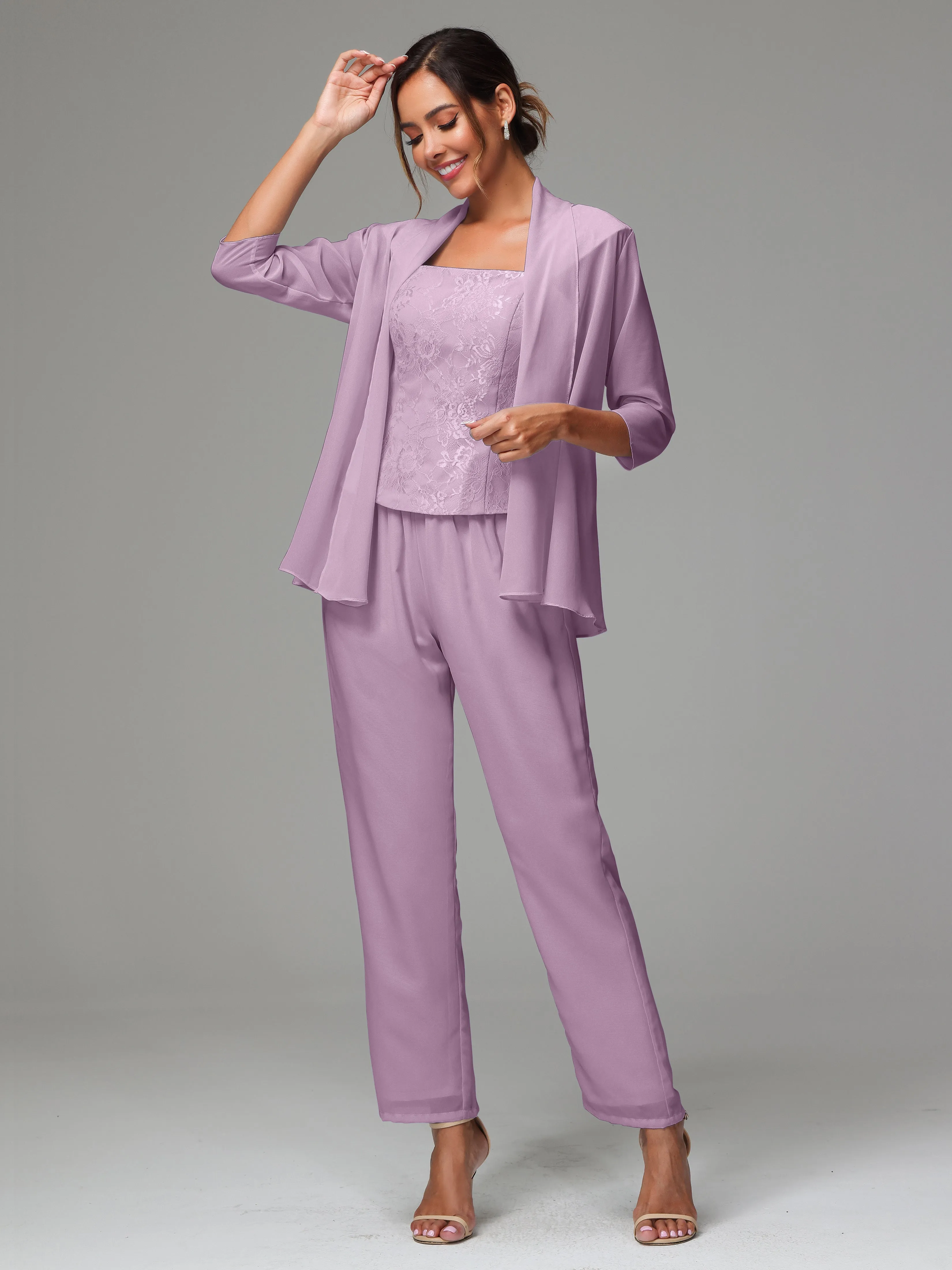 3 Pieces Chiffon Lace Long Sleeves Mother Of The Bride Dress Pants Suits
