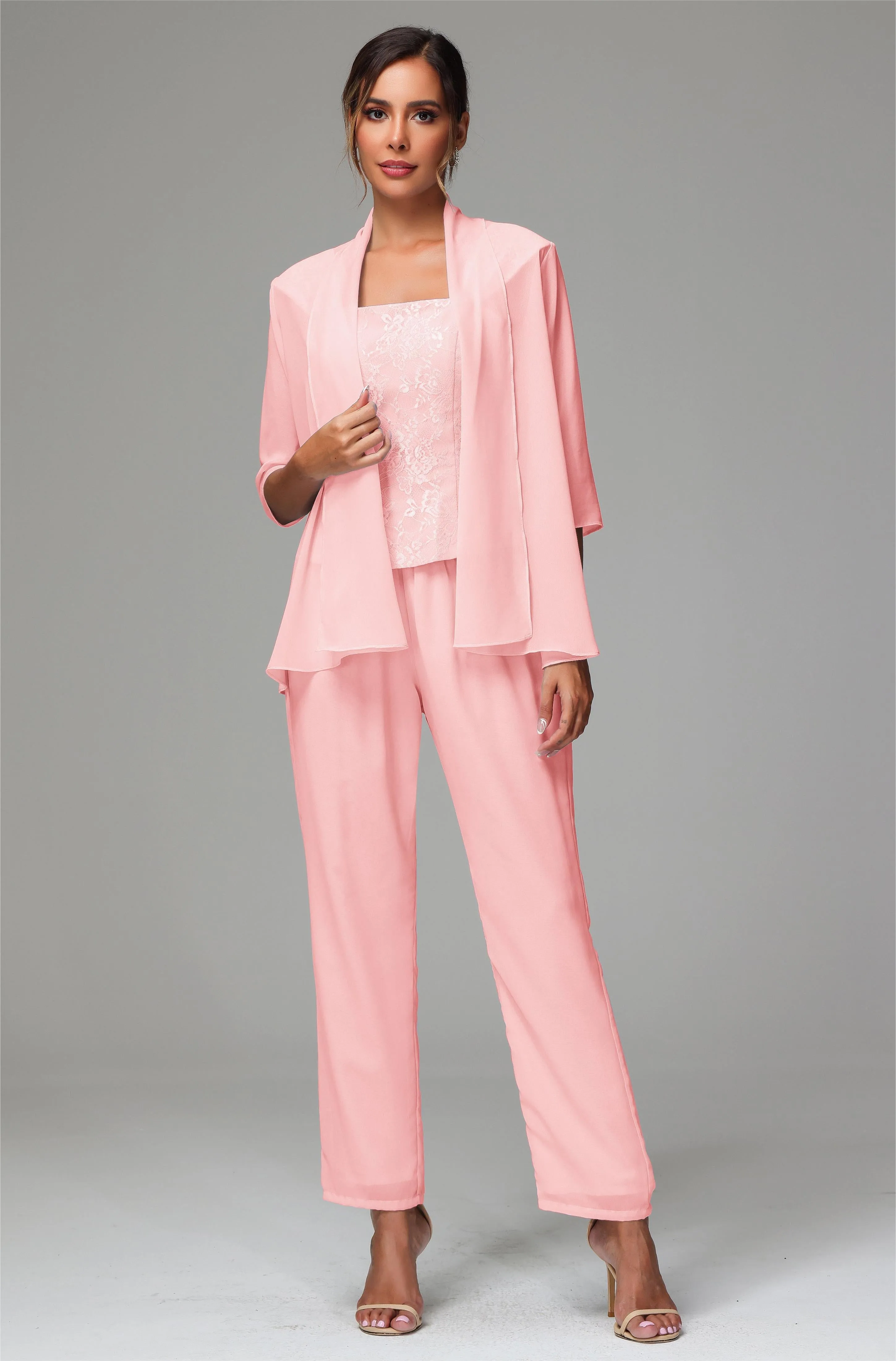3 Pieces Chiffon Lace Long Sleeves Mother Of The Bride Dress Pants Suits