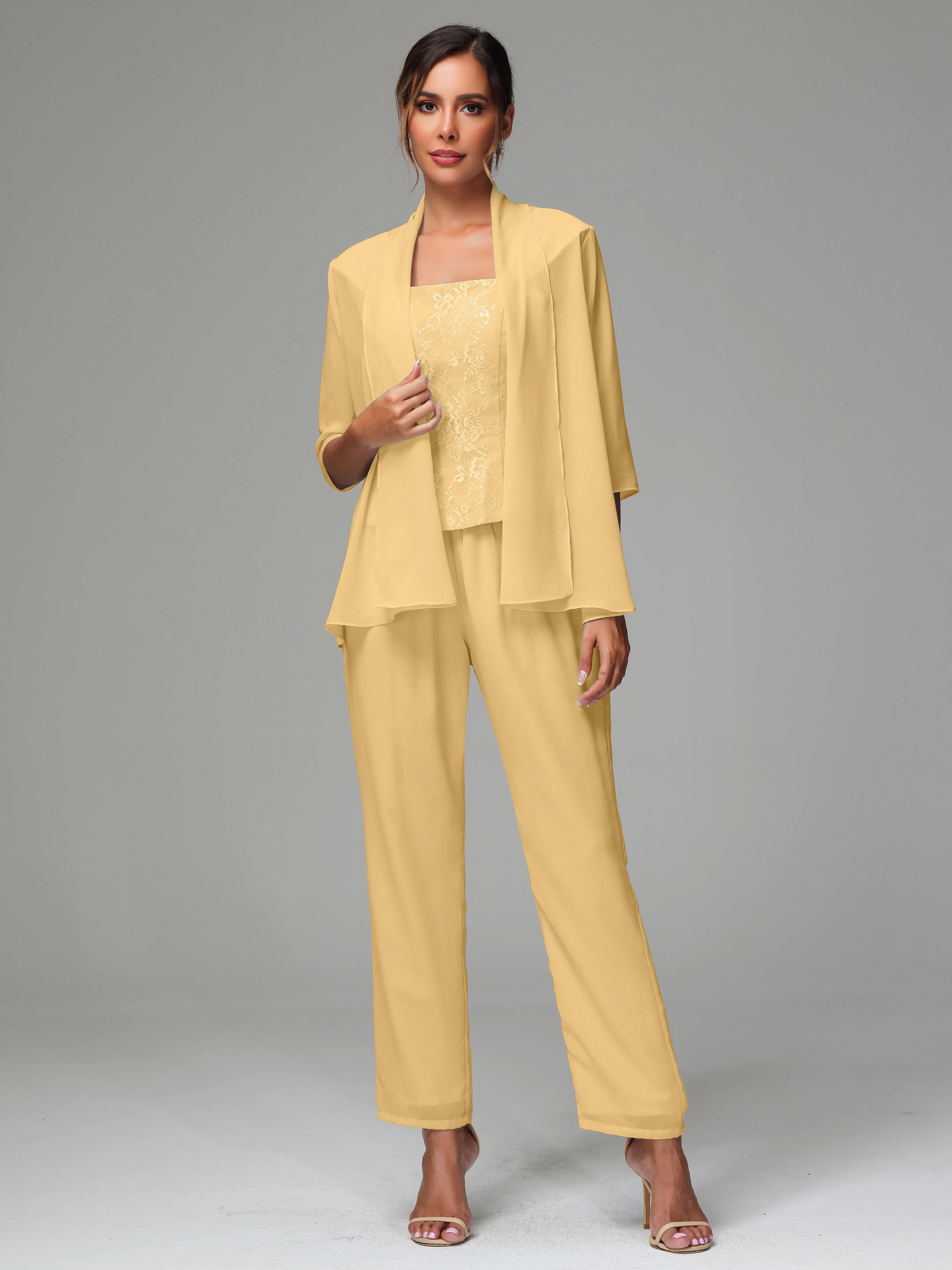 3 Pieces Chiffon Lace Long Sleeves Mother Of The Bride Dress Pants Suits