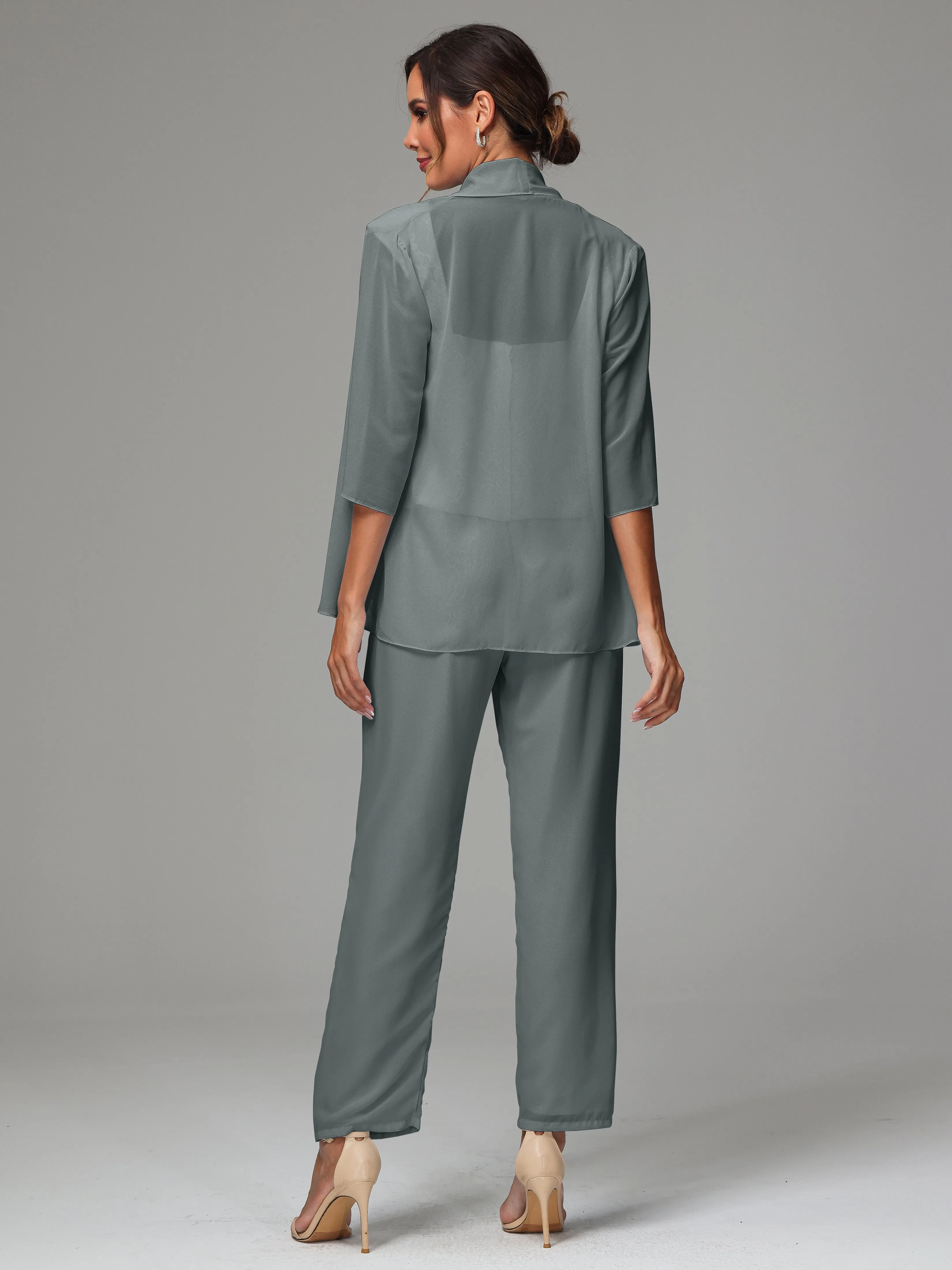 3 Pieces Chiffon Lace Long Sleeves Mother Of The Bride Dress Pants Suits