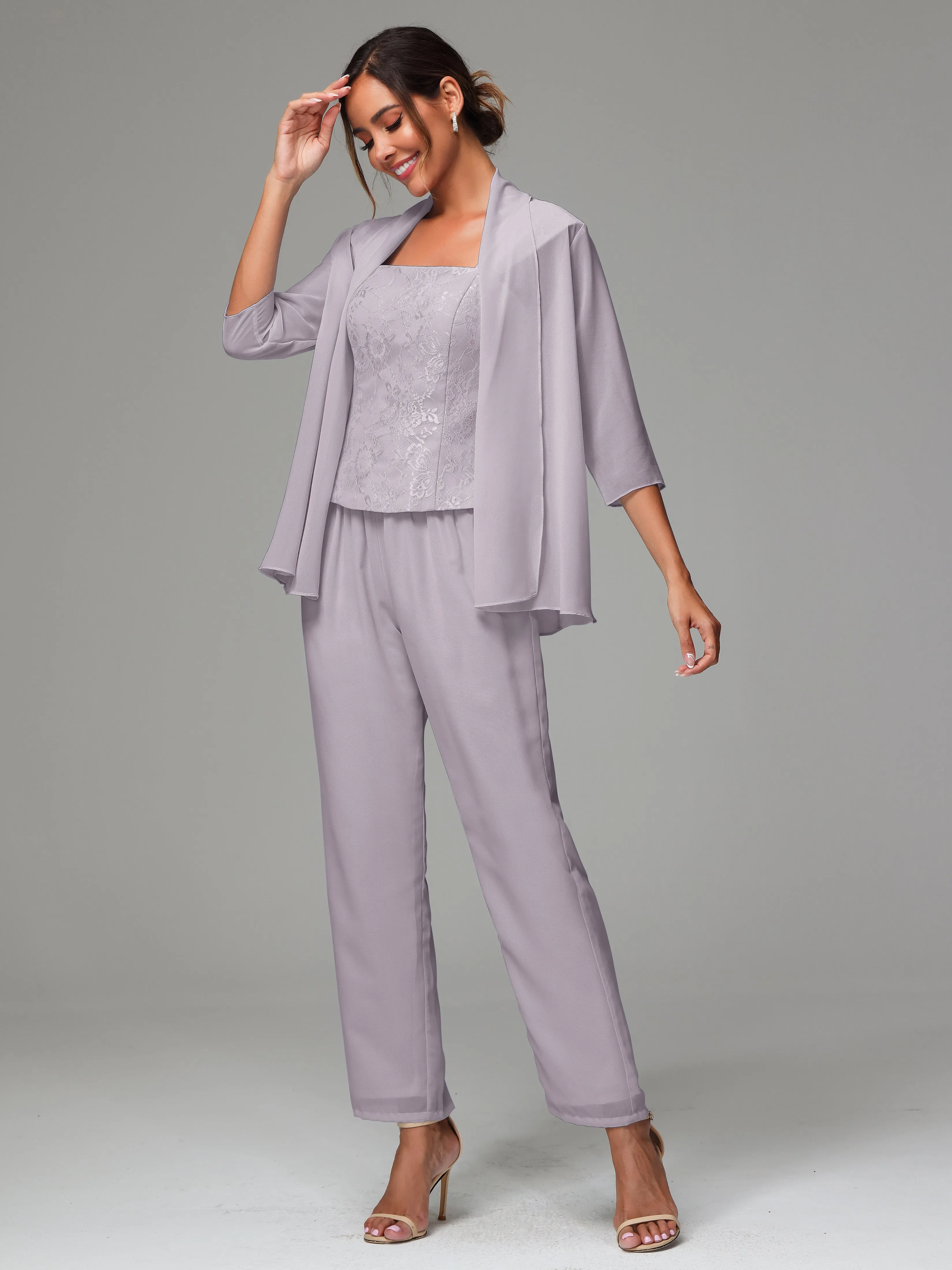 3 Pieces Chiffon Lace Long Sleeves Mother Of The Bride Dress Pants Suits