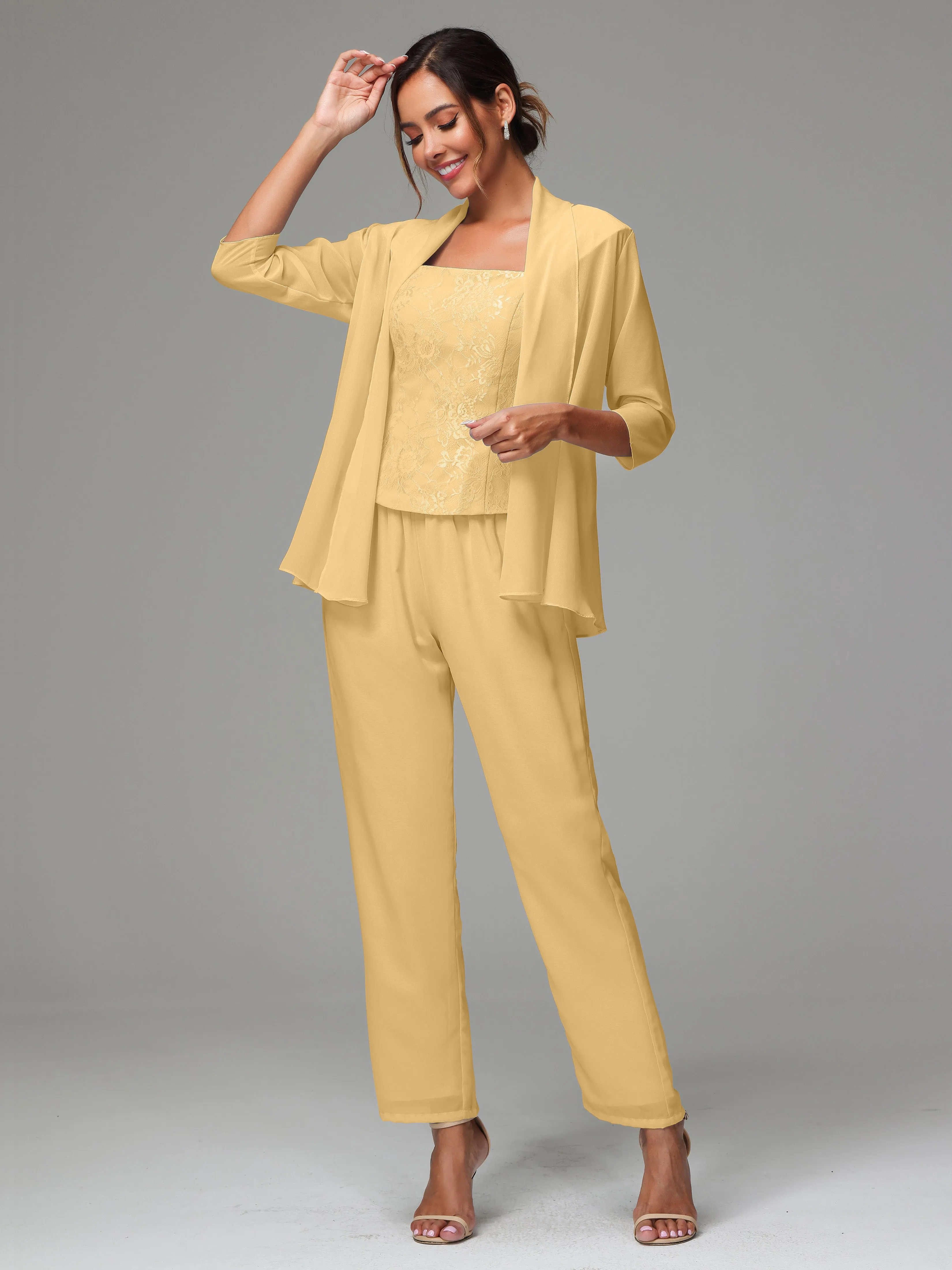 3 Pieces Chiffon Lace Long Sleeves Mother Of The Bride Dress Pants Suits