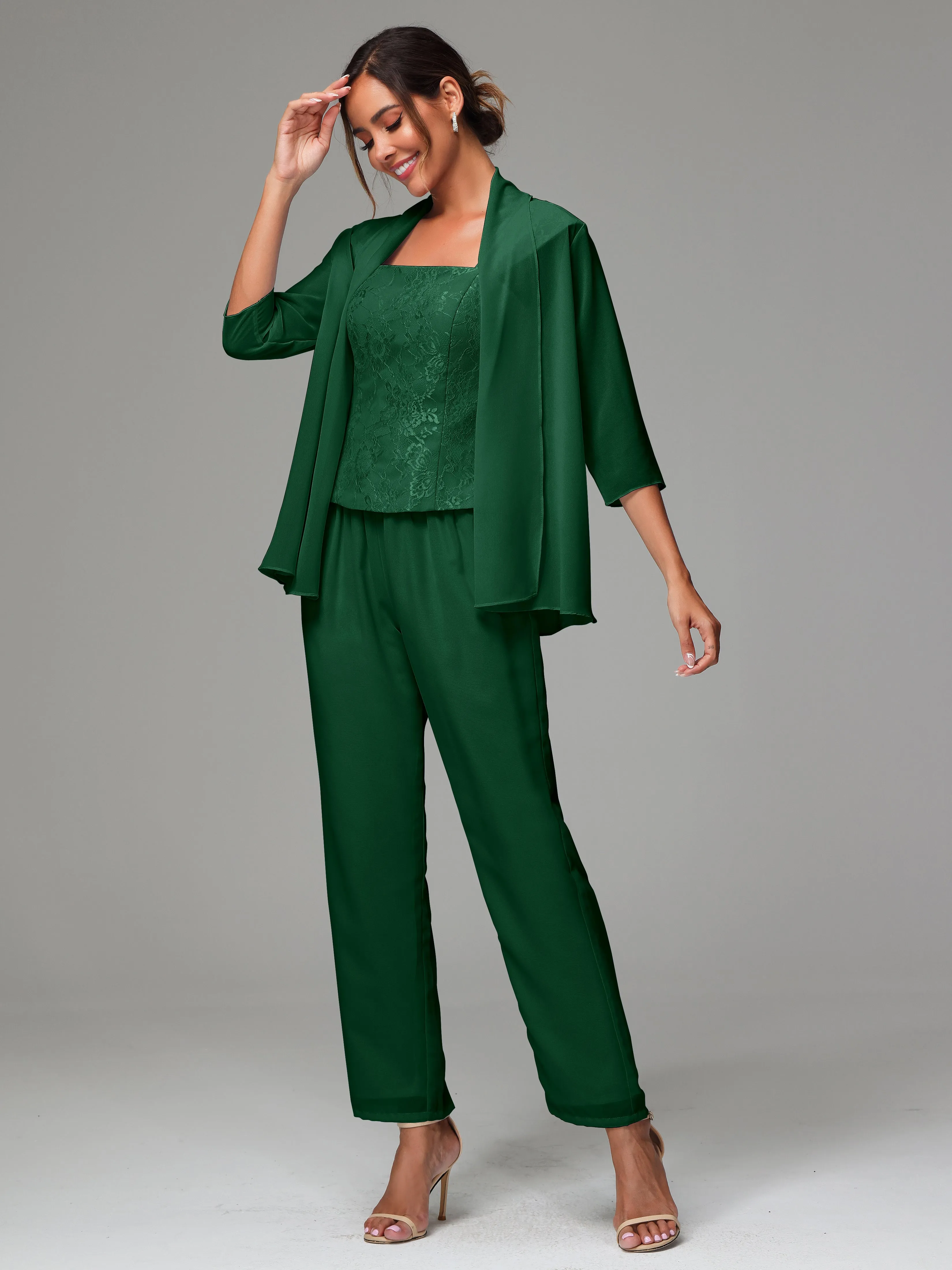 3 Pieces Chiffon Lace Long Sleeves Mother Of The Bride Dress Pants Suits