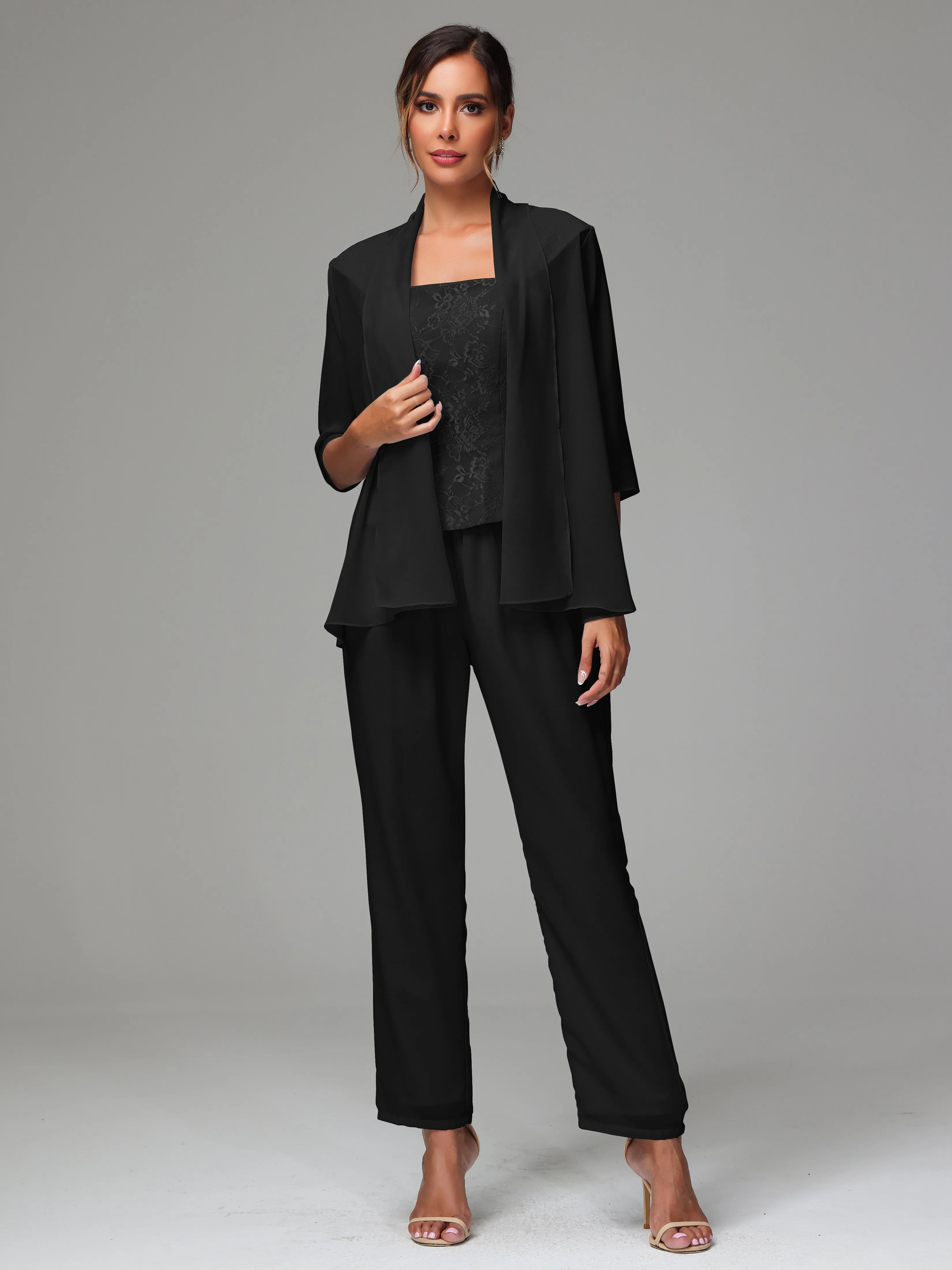 3 Pieces Chiffon Lace Long Sleeves Mother Of The Bride Dress Pants Suits