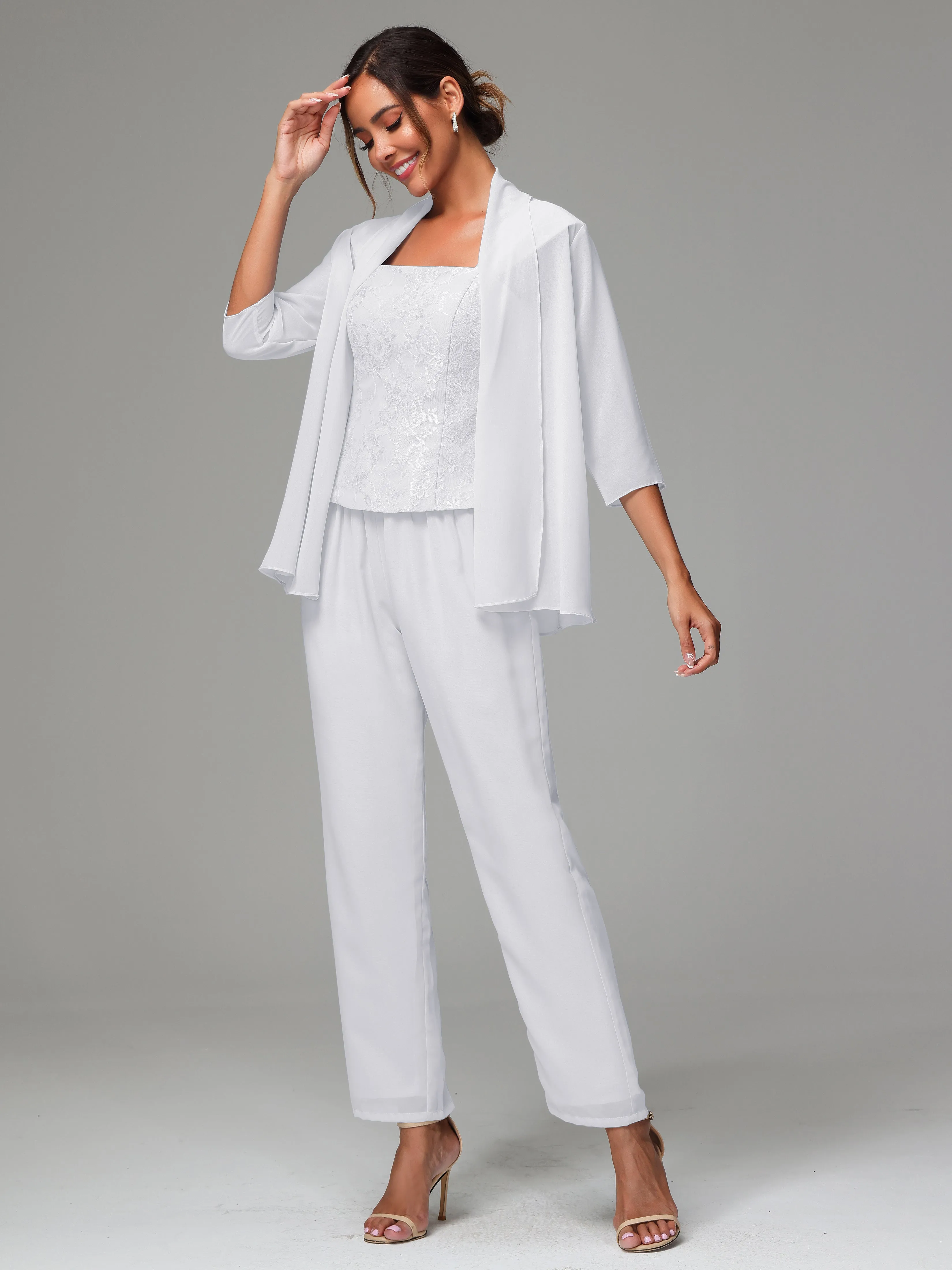 3 Pieces Chiffon Lace Long Sleeves Mother Of The Bride Dress Pants Suits