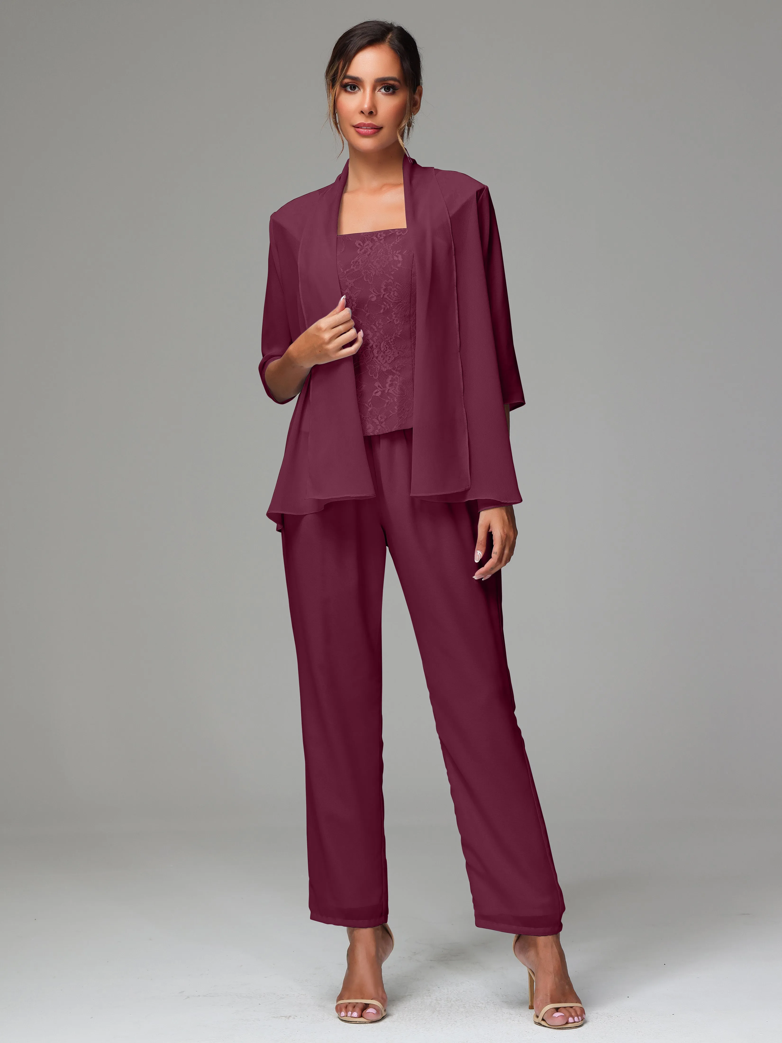 3 Pieces Chiffon Lace Long Sleeves Mother Of The Bride Dress Pants Suits