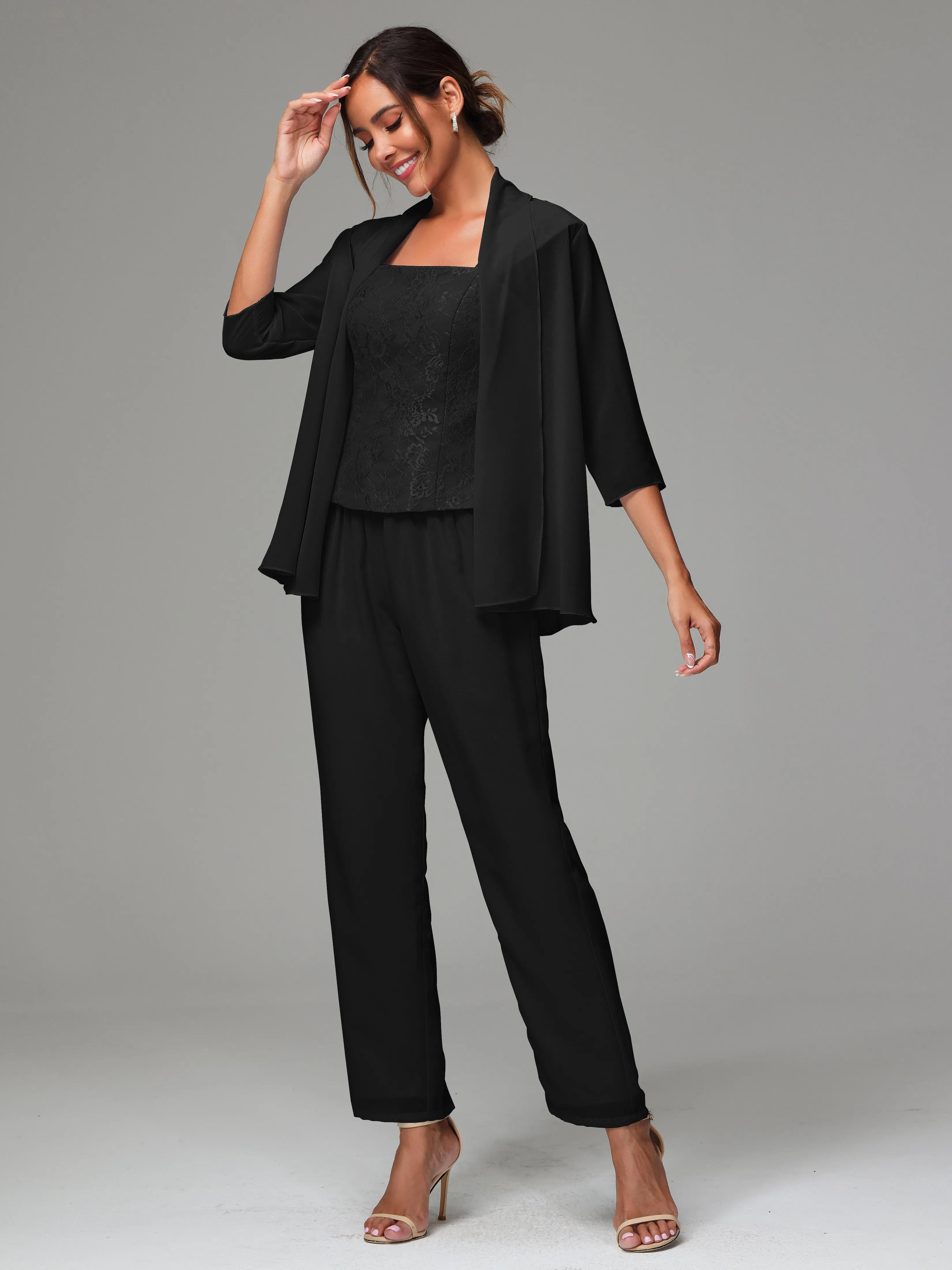 3 Pieces Chiffon Lace Long Sleeves Mother Of The Bride Dress Pants Suits