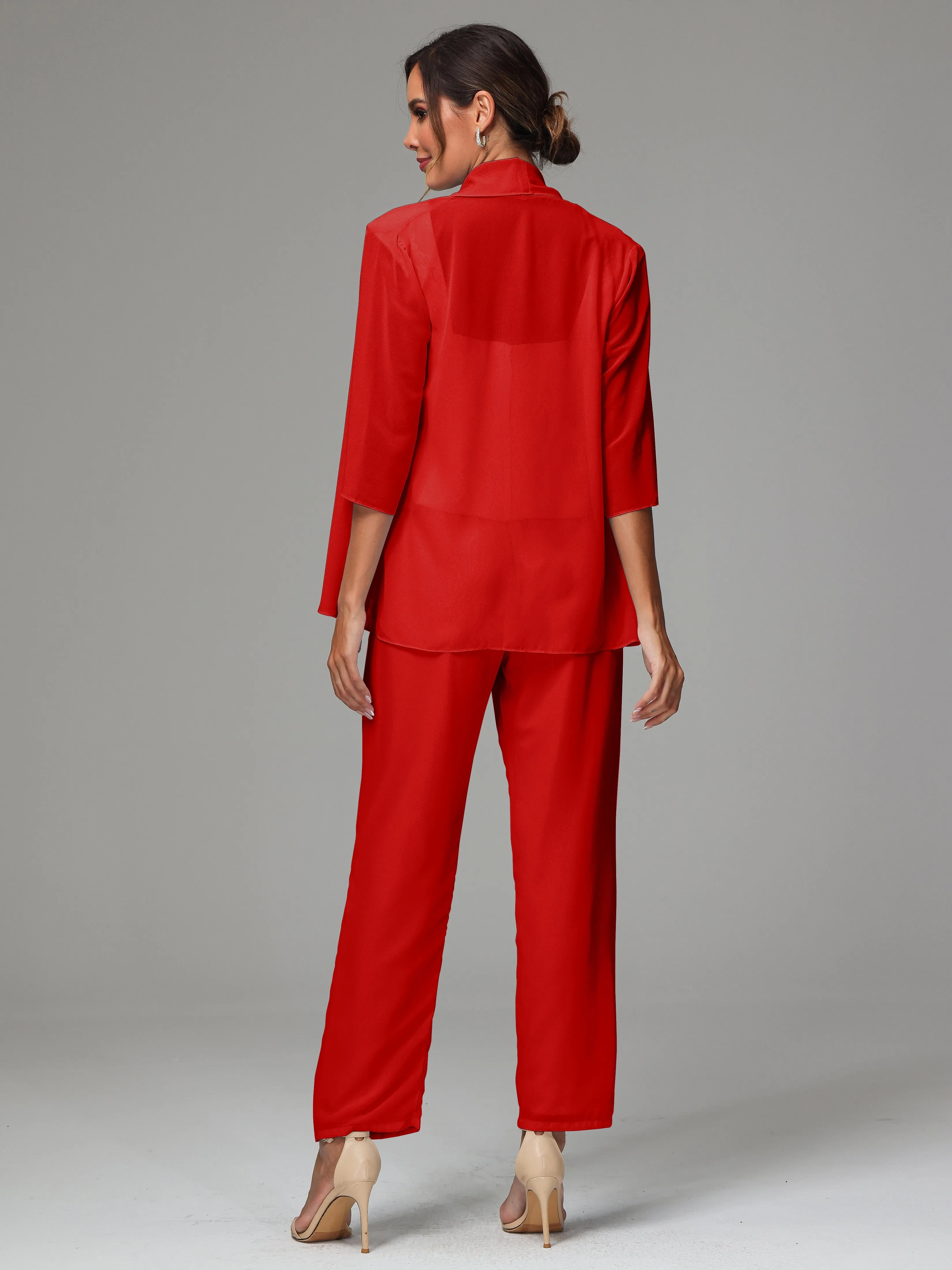 3 Pieces Chiffon Lace Long Sleeves Mother Of The Bride Dress Pants Suits