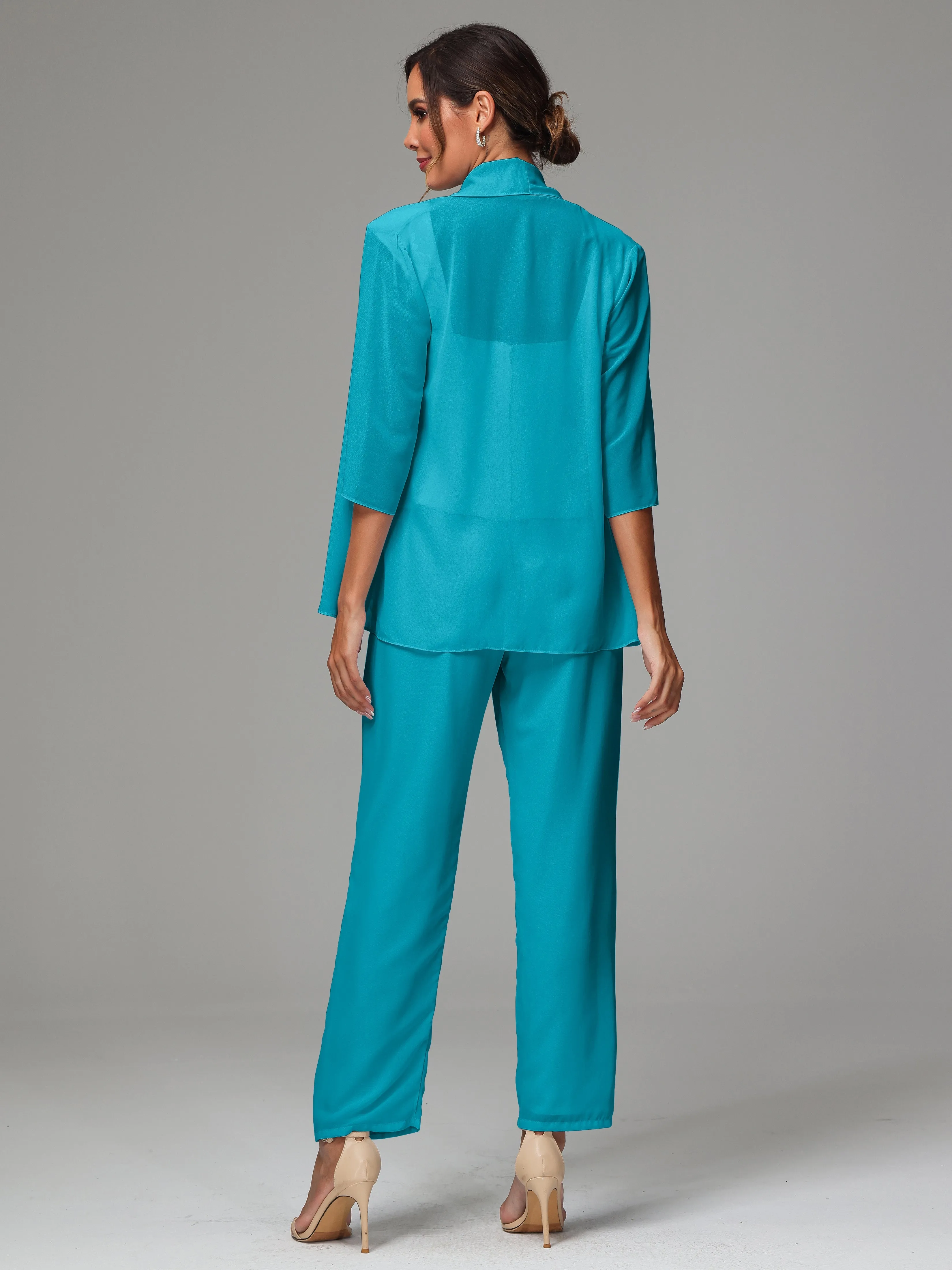 3 Pieces Chiffon Lace Long Sleeves Mother Of The Bride Dress Pants Suits
