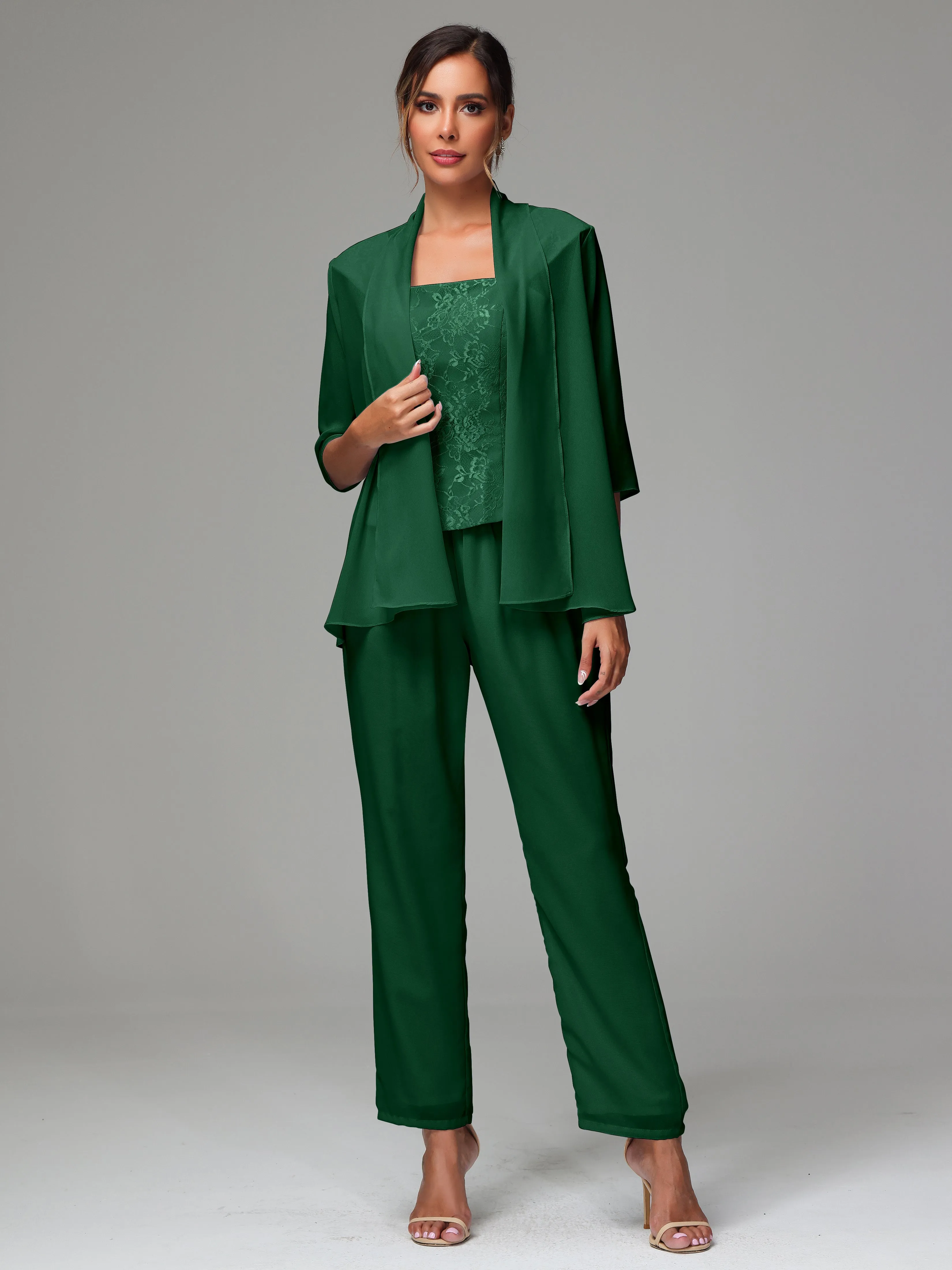 3 Pieces Chiffon Lace Long Sleeves Mother Of The Bride Dress Pants Suits