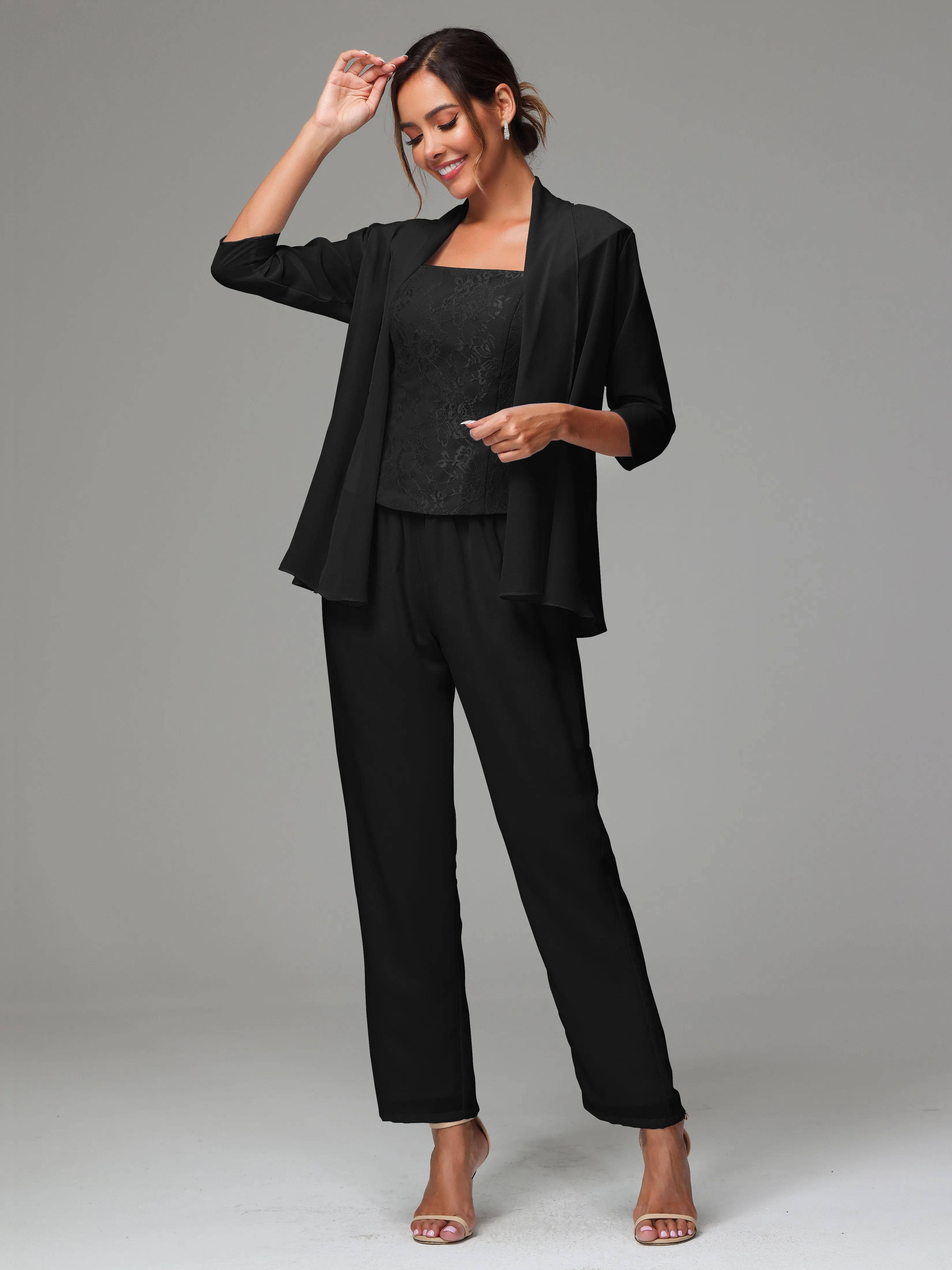 3 Pieces Chiffon Lace Long Sleeves Mother Of The Bride Dress Pants Suits