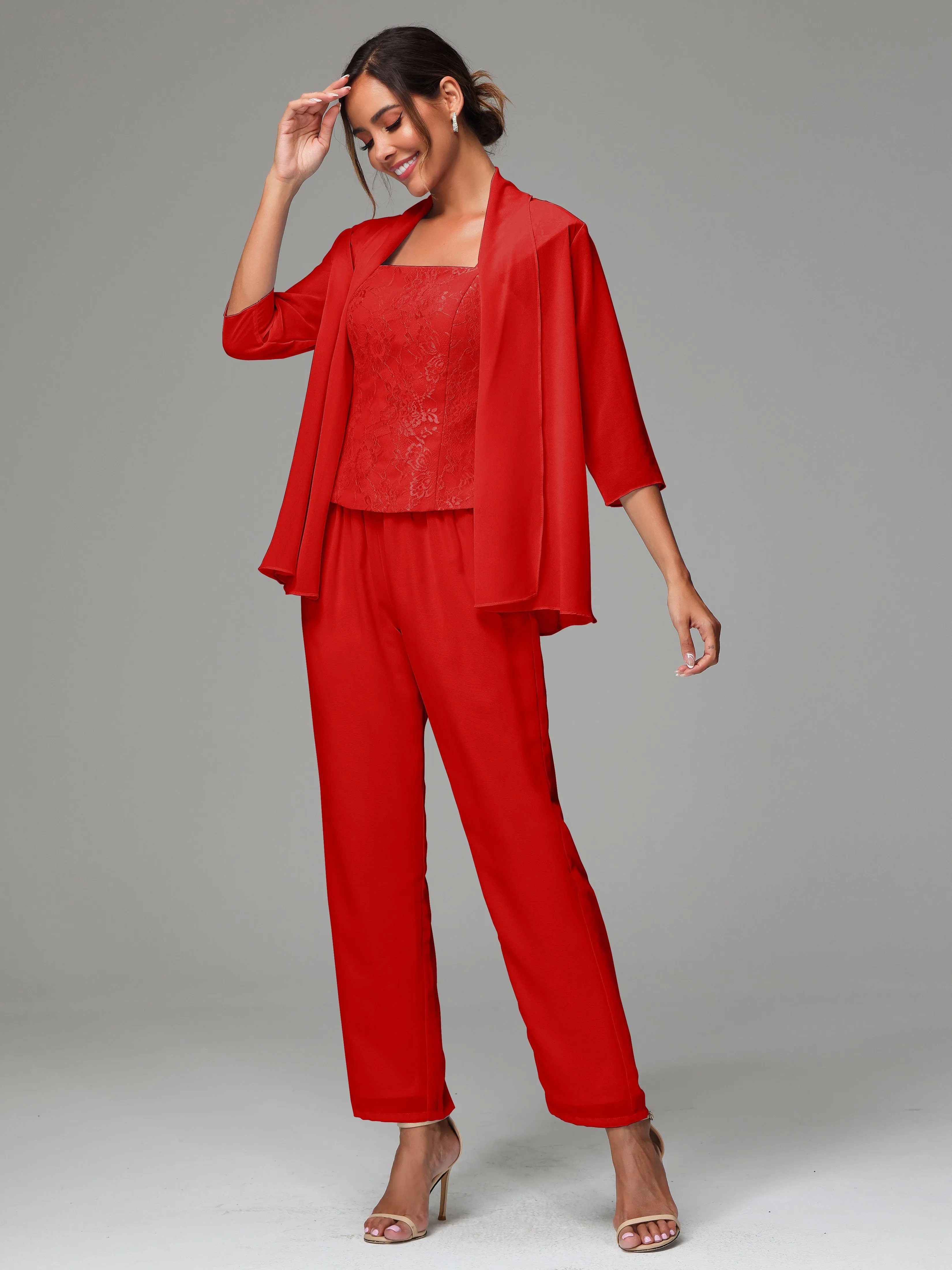 3 Pieces Chiffon Lace Long Sleeves Mother Of The Bride Dress Pants Suits