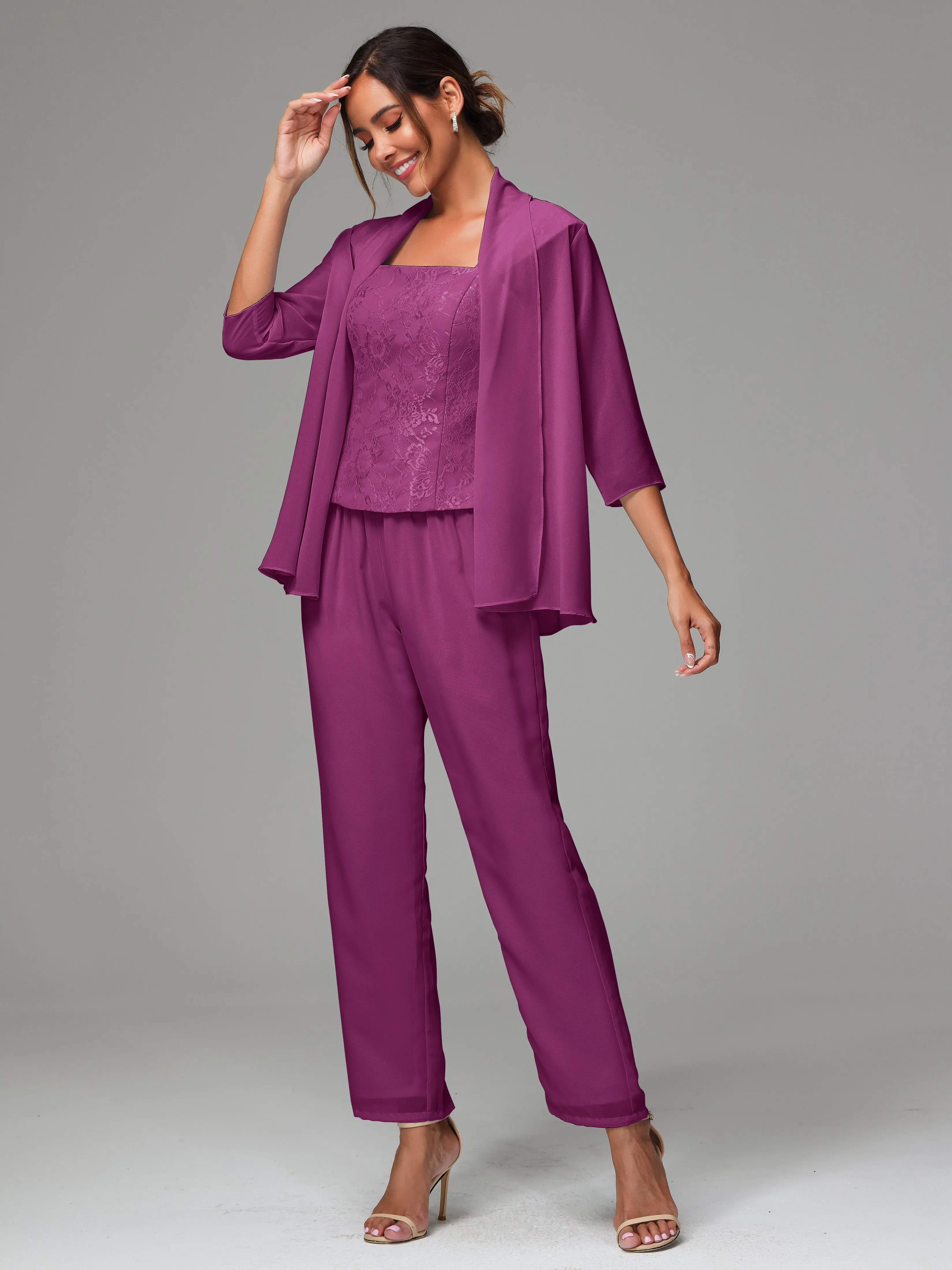 3 Pieces Chiffon Lace Long Sleeves Mother Of The Bride Dress Pants Suits