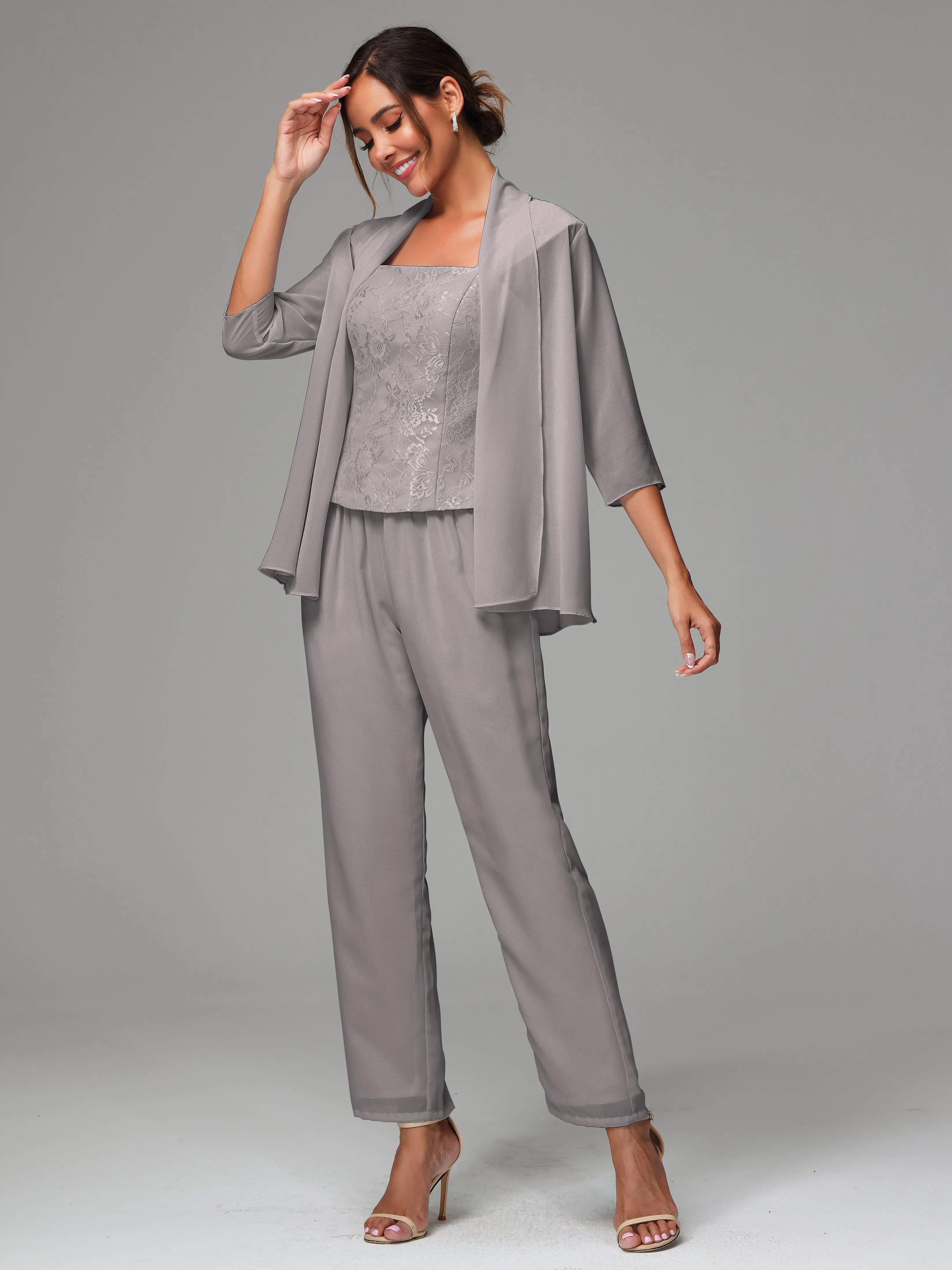 3 Pieces Chiffon Lace Long Sleeves Mother Of The Bride Dress Pants Suits