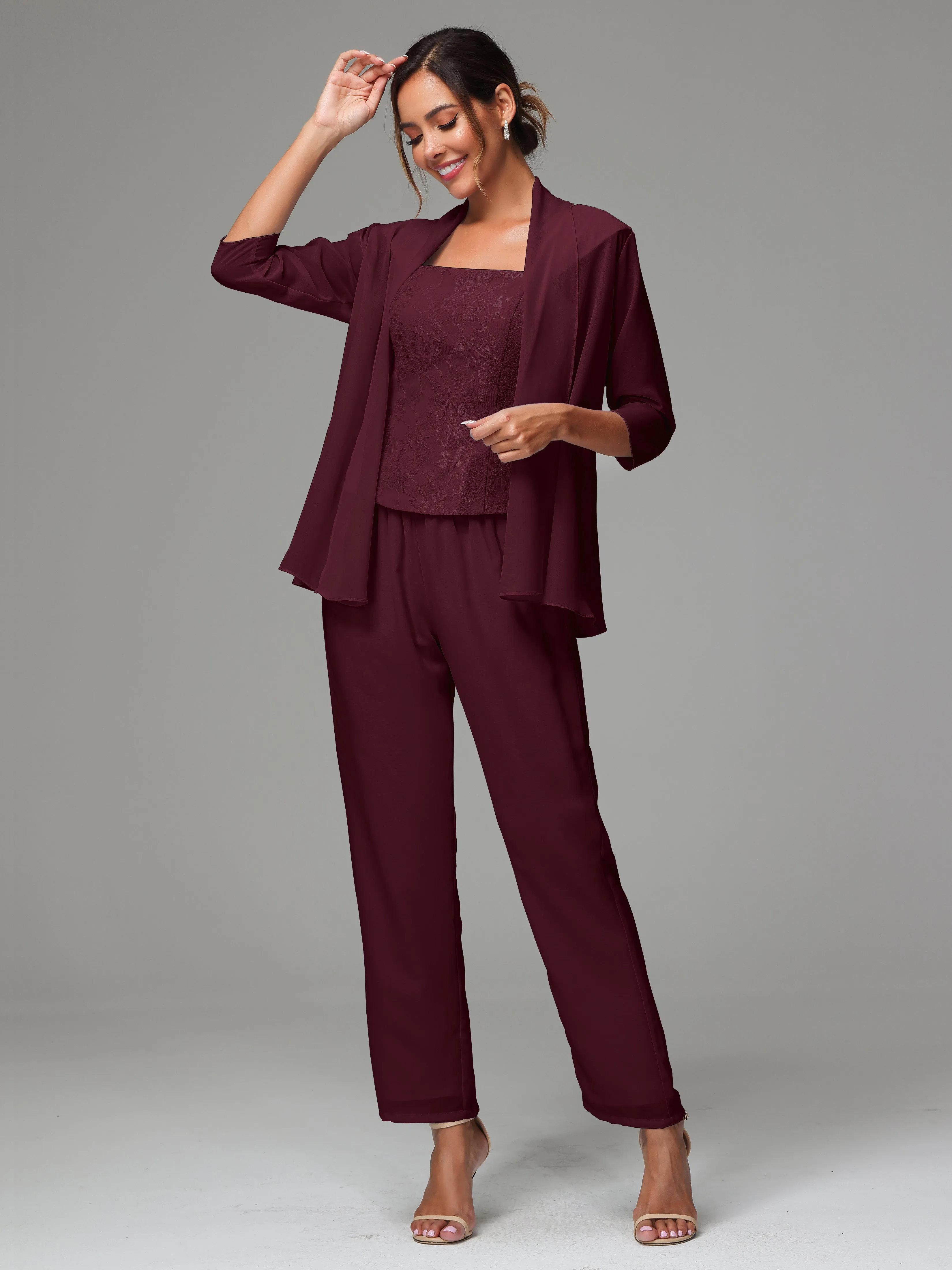 3 Pieces Chiffon Lace Long Sleeves Mother Of The Bride Dress Pants Suits