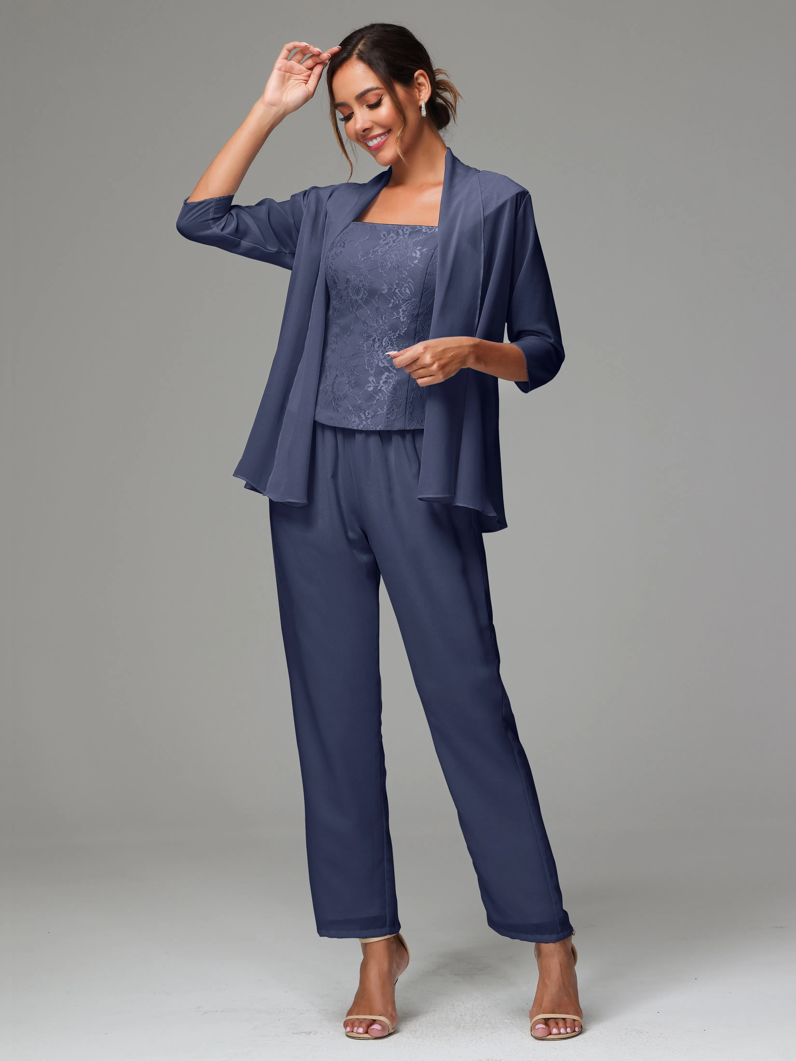 3 Pieces Chiffon Lace Long Sleeves Mother Of The Bride Dress Pants Suits