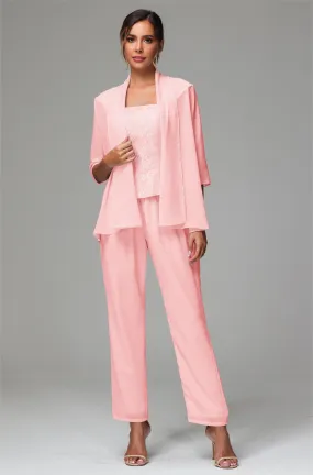 3 Pieces Chiffon Lace Long Sleeves Mother Of The Bride Dress Pants Suits