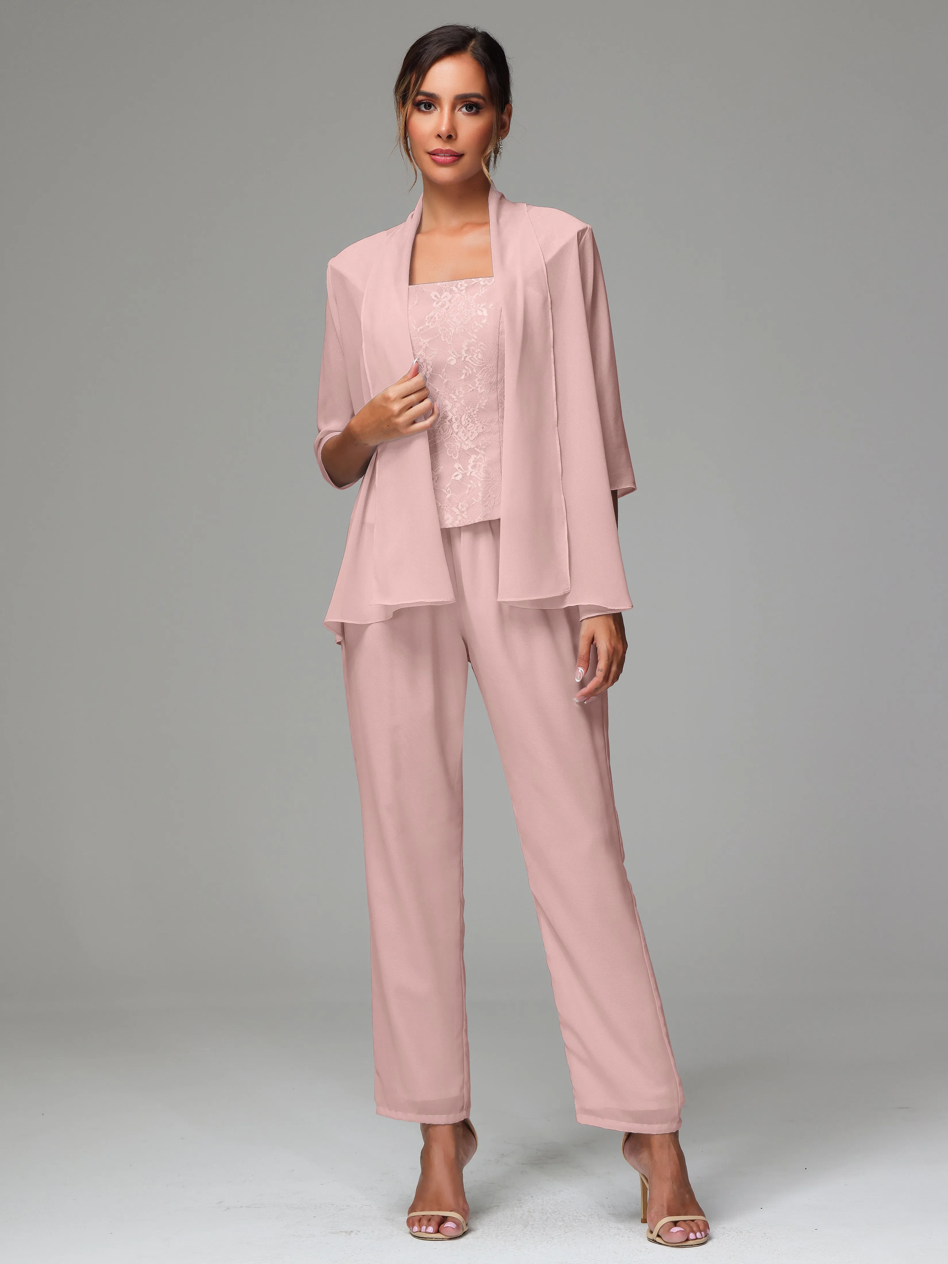 3 Pieces Chiffon Lace Long Sleeves Mother Of The Bride Dress Pants Suits