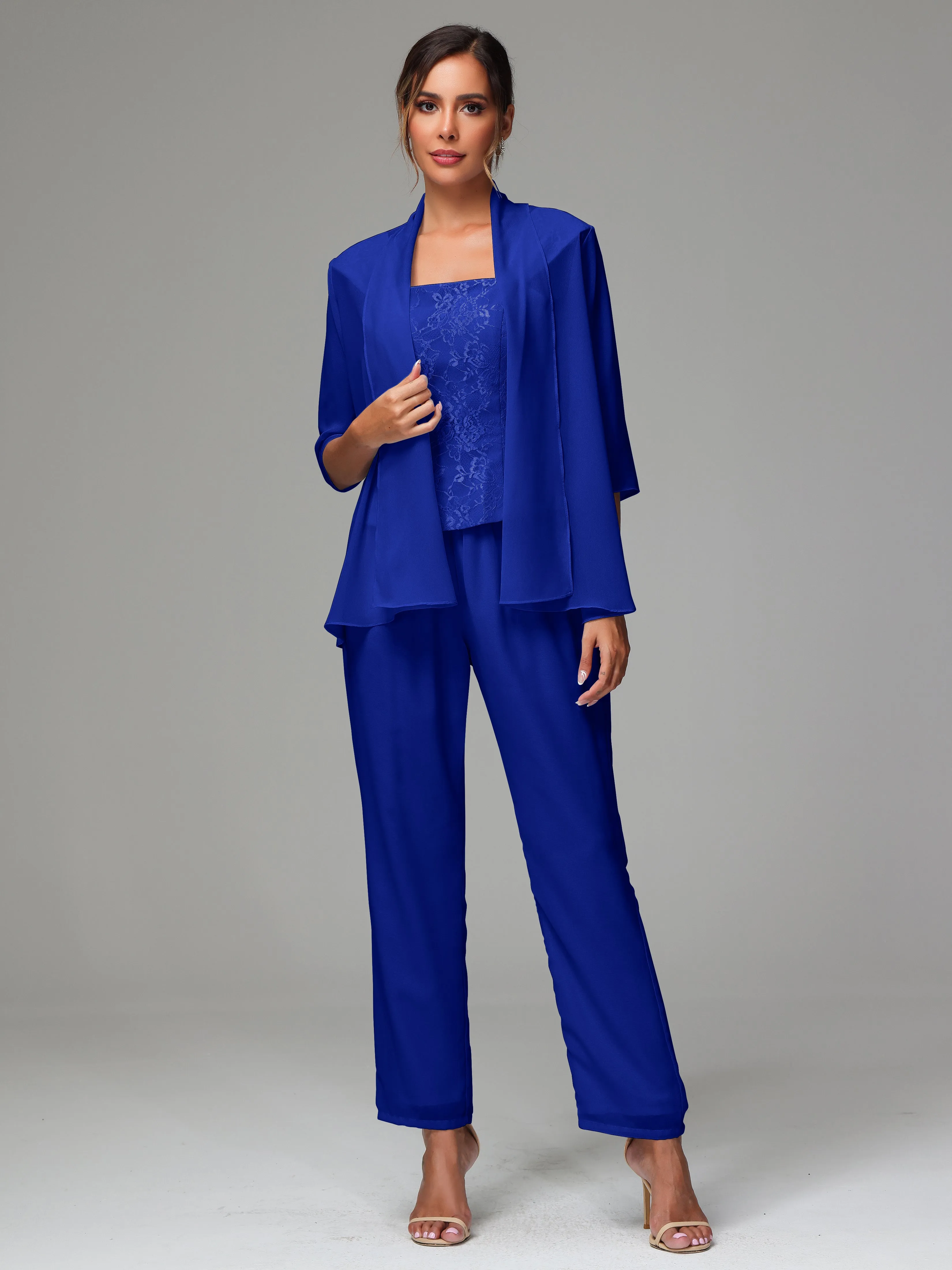3 Pieces Chiffon Lace Long Sleeves Mother Of The Bride Dress Pants Suits