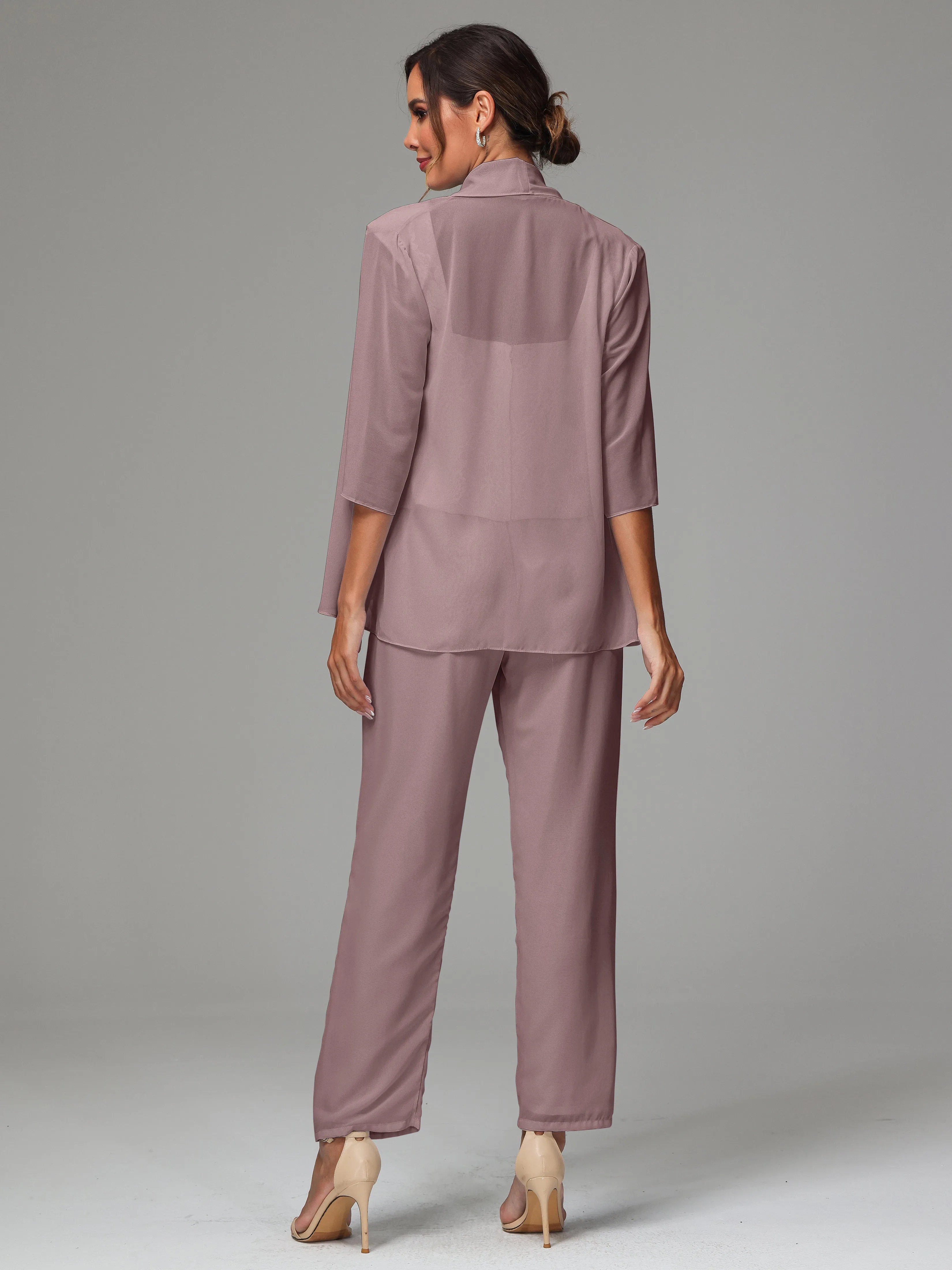 3 Pieces Chiffon Lace Long Sleeves Mother Of The Bride Dress Pants Suits